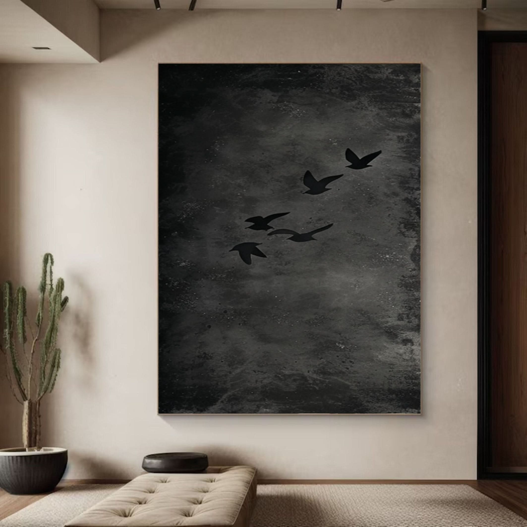 Mystical Birds Abstract Wall Art Black and White Textured Canvas #BM 055