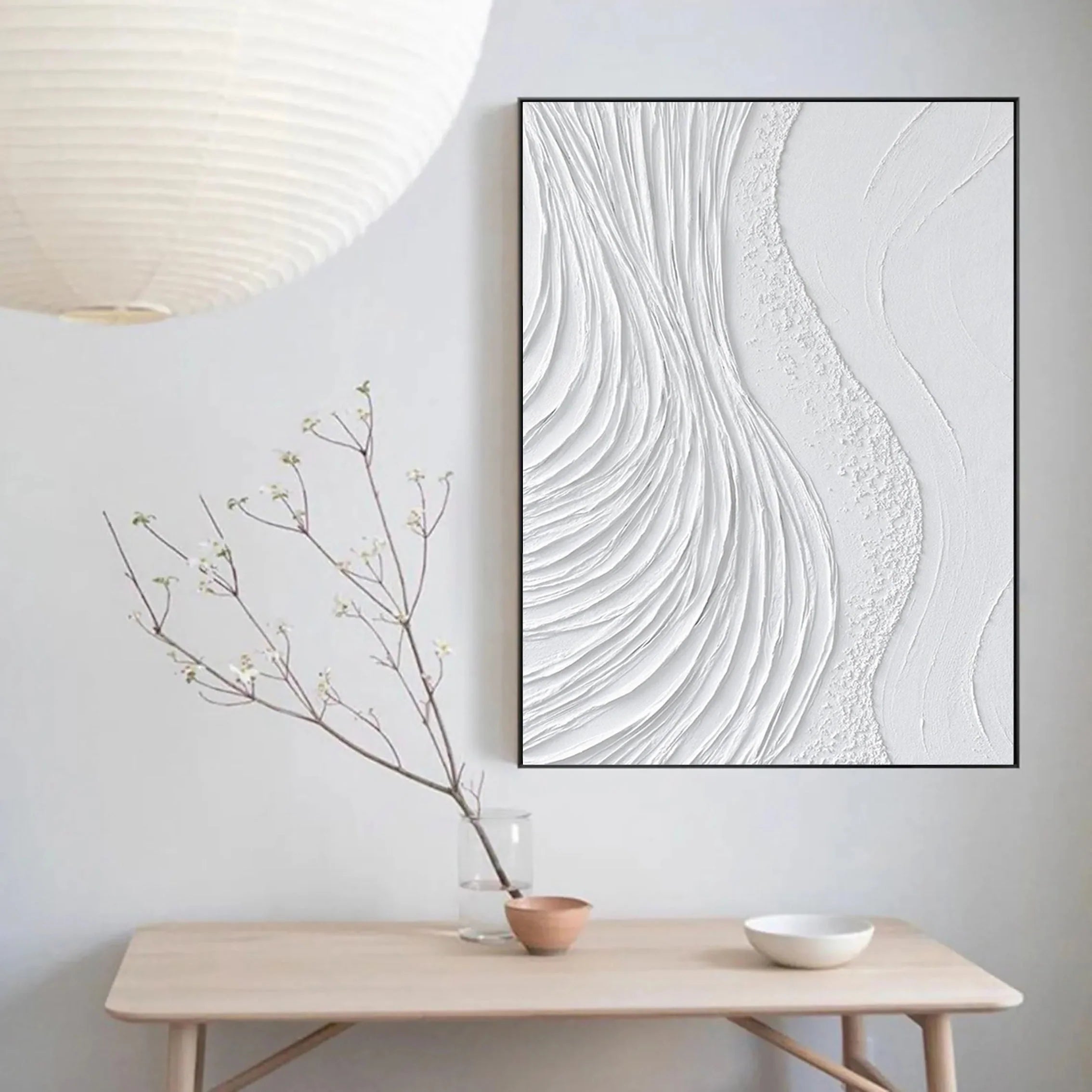 White Surf Minimalist Wall Art, Large Abstract Plaster Painting On Canvas