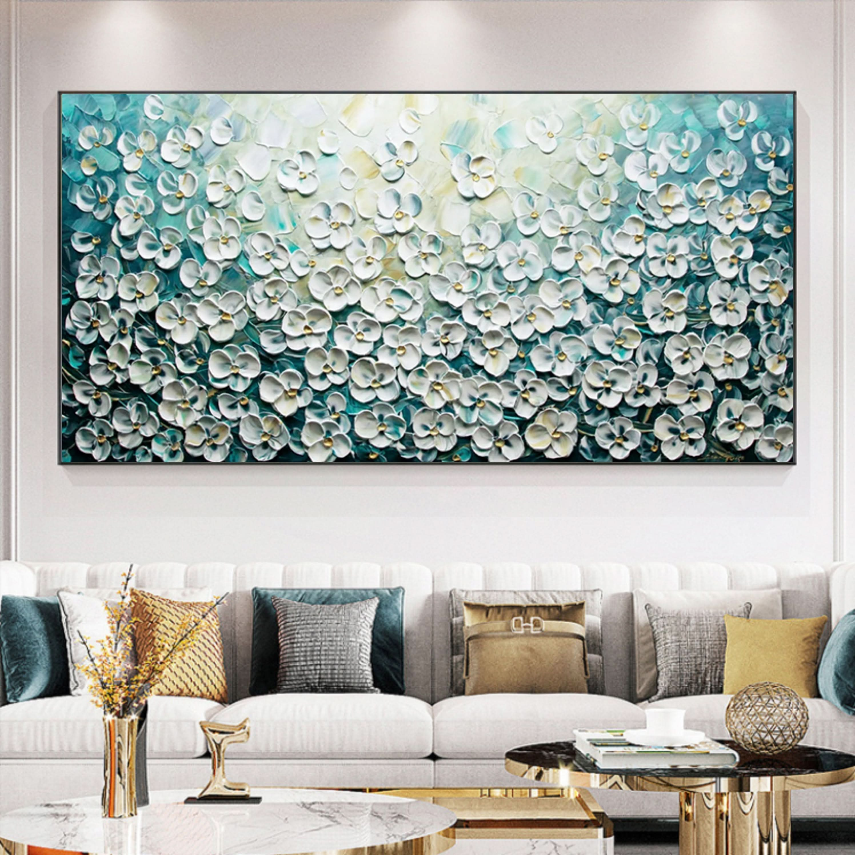 Panoramic 3D Flower Oil Painting Large Living Room Flower Textured Wall Art Flower Plaster Art