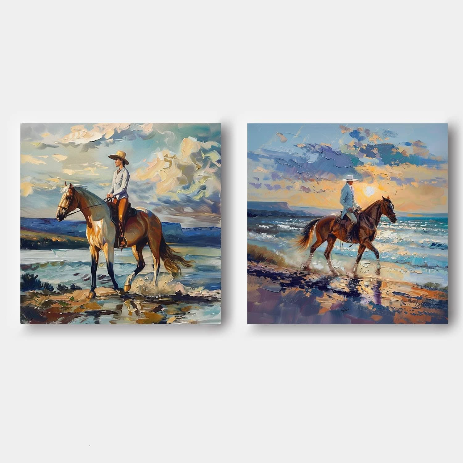 Seaside Horse Riding Canvas Wall Painting Decoration 2-Piece Set Colorful Equestrian Strolling Canvas Art