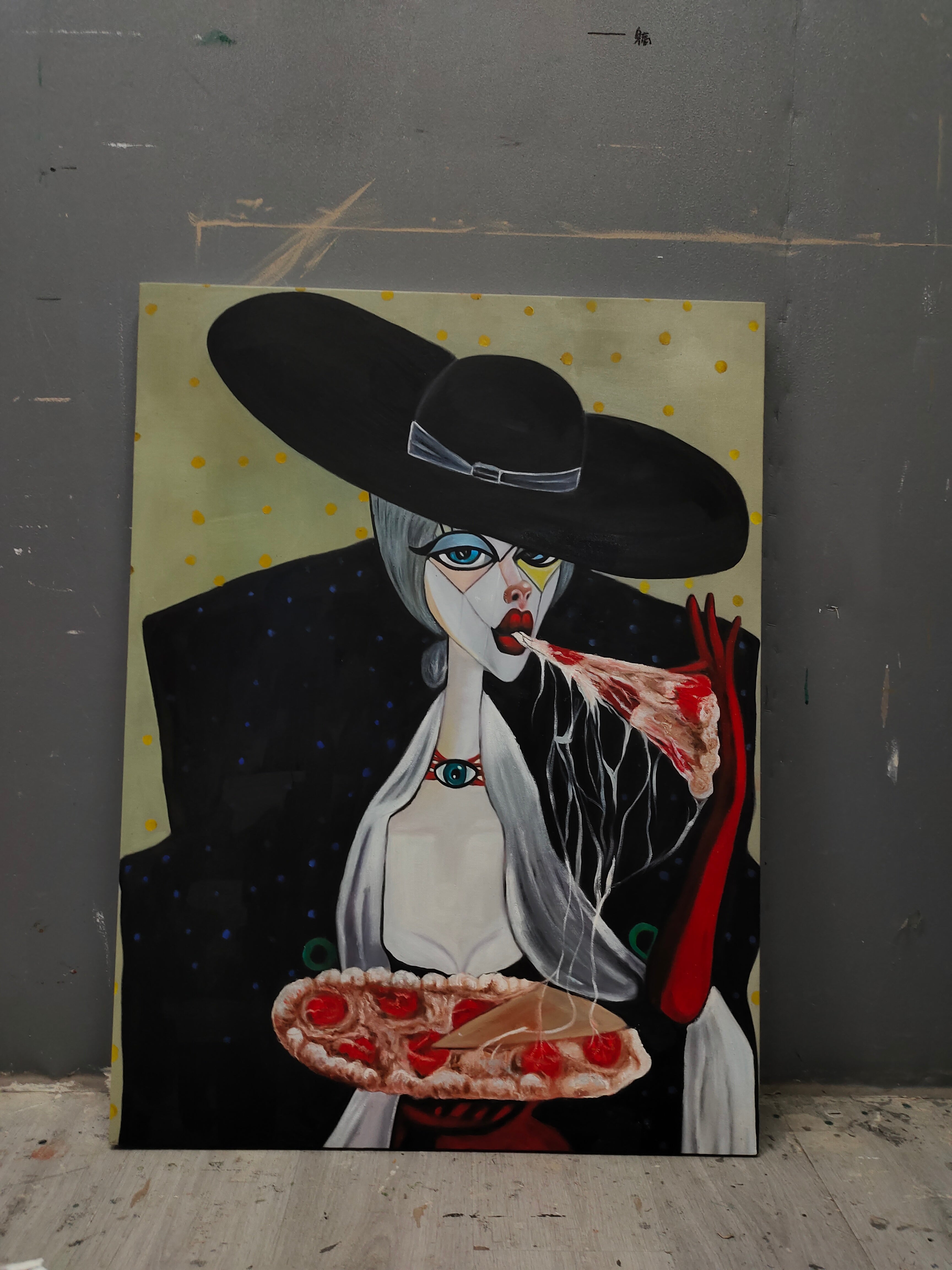 Large Woman Eating Pizza On Canvas Girl Eating Pizza Oil Painting Pop Art Portrait Lady Eating Pizza