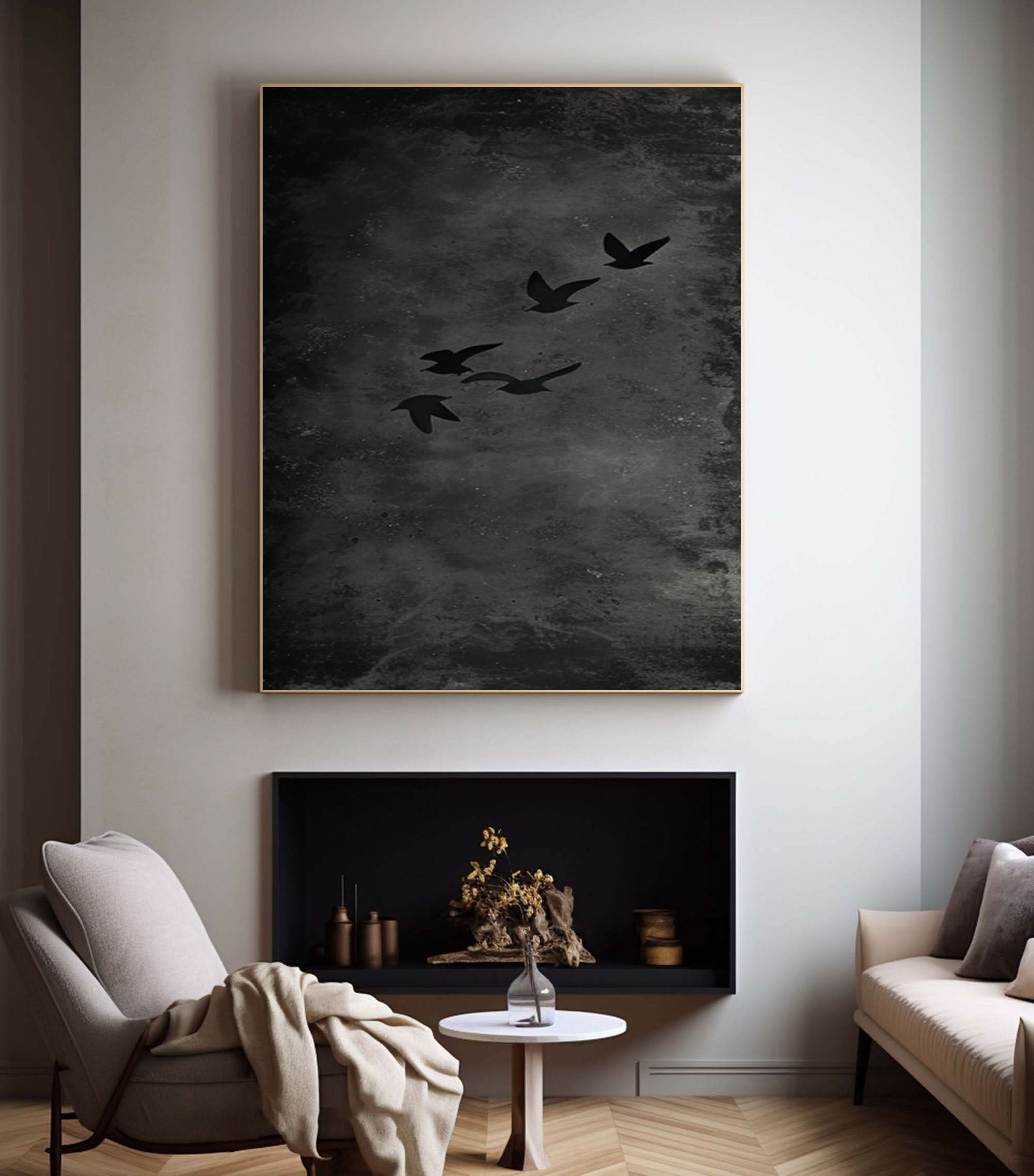 Mystical Birds Abstract Wall Art Black and White Textured Canvas #BM 055