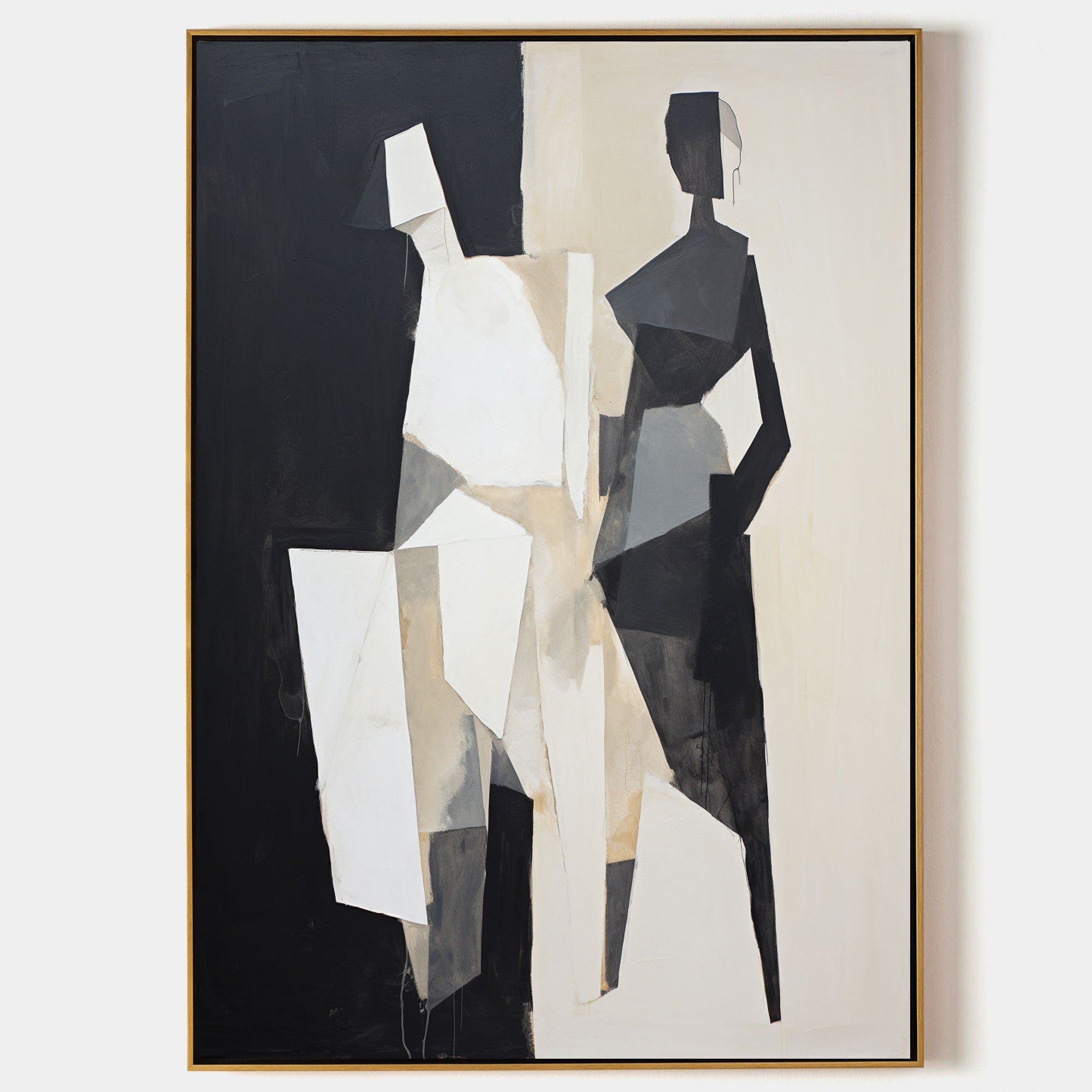 Black and Beige Minimalist Wall Art Black and Beige Textured Wall Art Abstract Painting of 2 Figures Contemporary Abstract Art for Sale