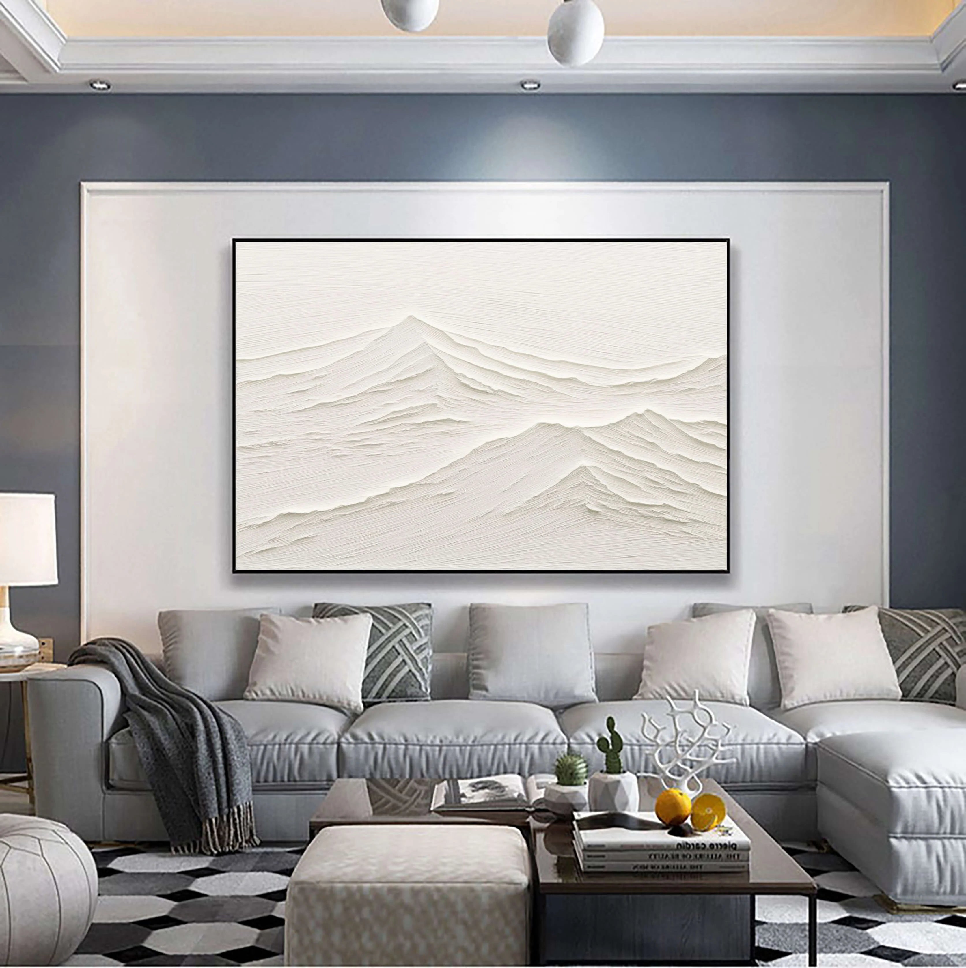 Hand-Painted Landscape Beige Plaster Art Framed Canvas Painting, Abstract Minimalist for Living Room