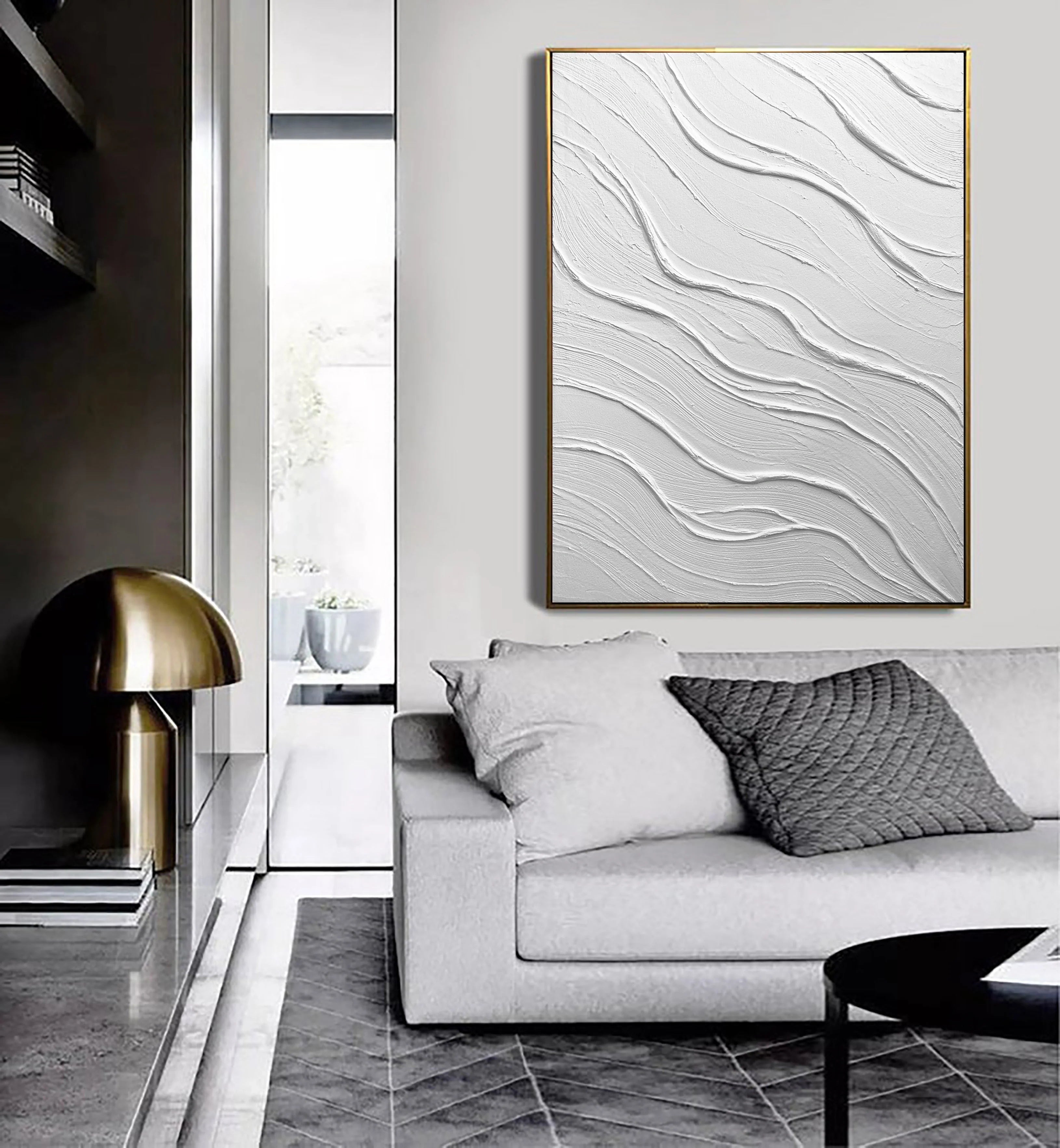 Large Size White Textured Wave Plaster Art Painting Wall Artwork for Room Deco