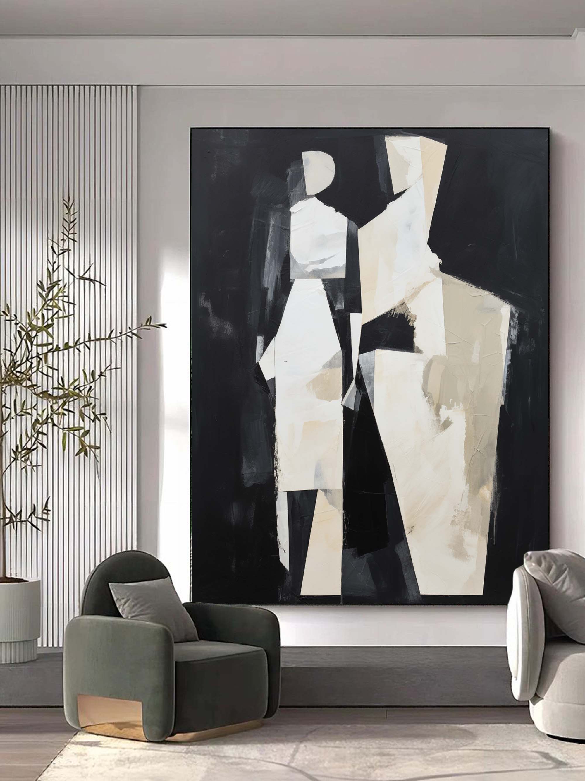 Black And Beige Abstract People Painting Abstract People Art Figure Abstract Painting Black and Beige Minimal Wall Art Modern Minimalist Art