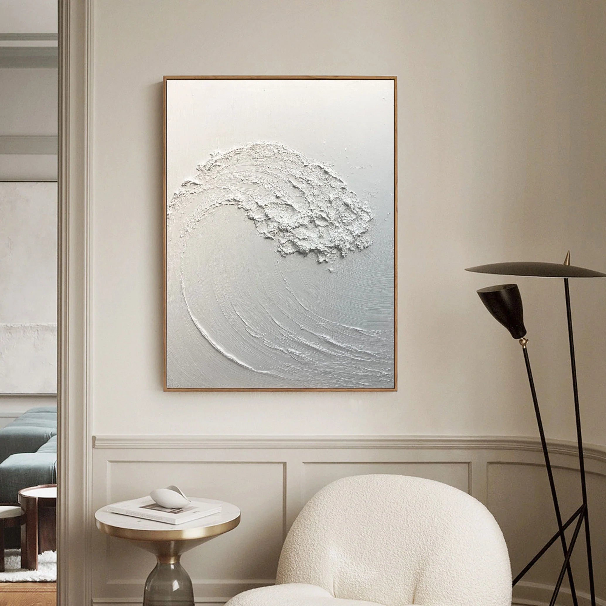 White Sea Waves Minimalist Textured Plaster Painting for Home Decor