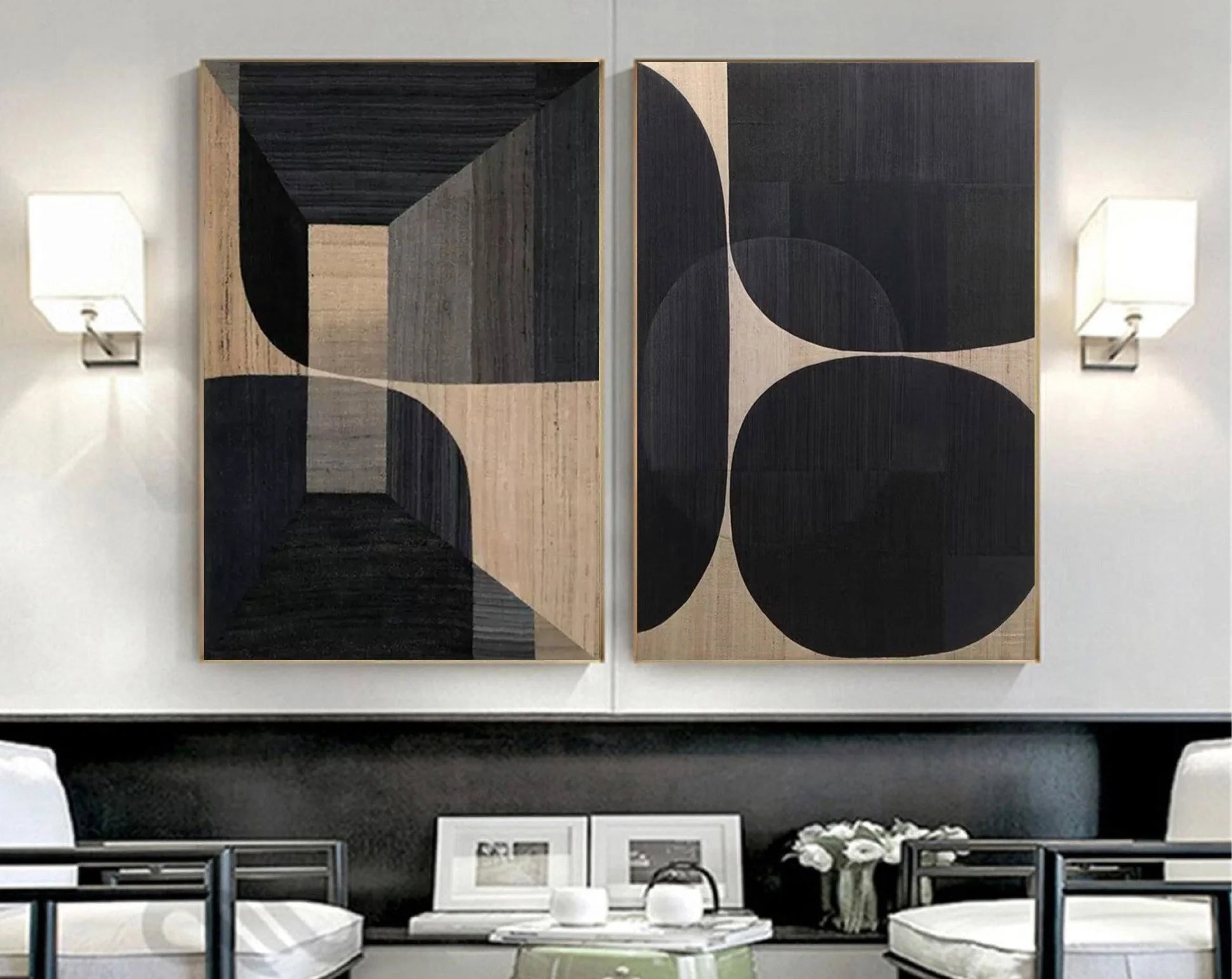 Set of 2 Geometric Wabi Sabi Abstract Painting Original by Artist