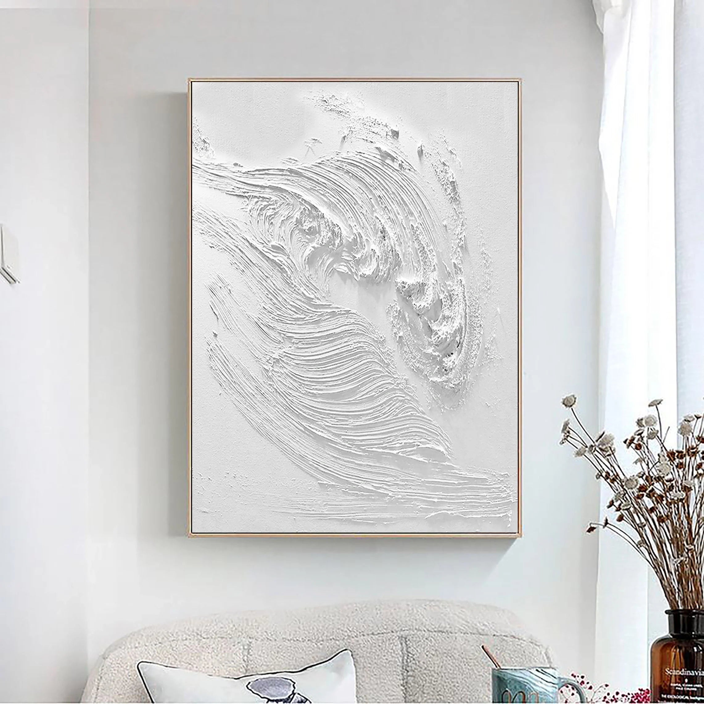 White Ocean Waves Textured Plaster Art Painting, Minimalist Wall Artwork for Room Decor