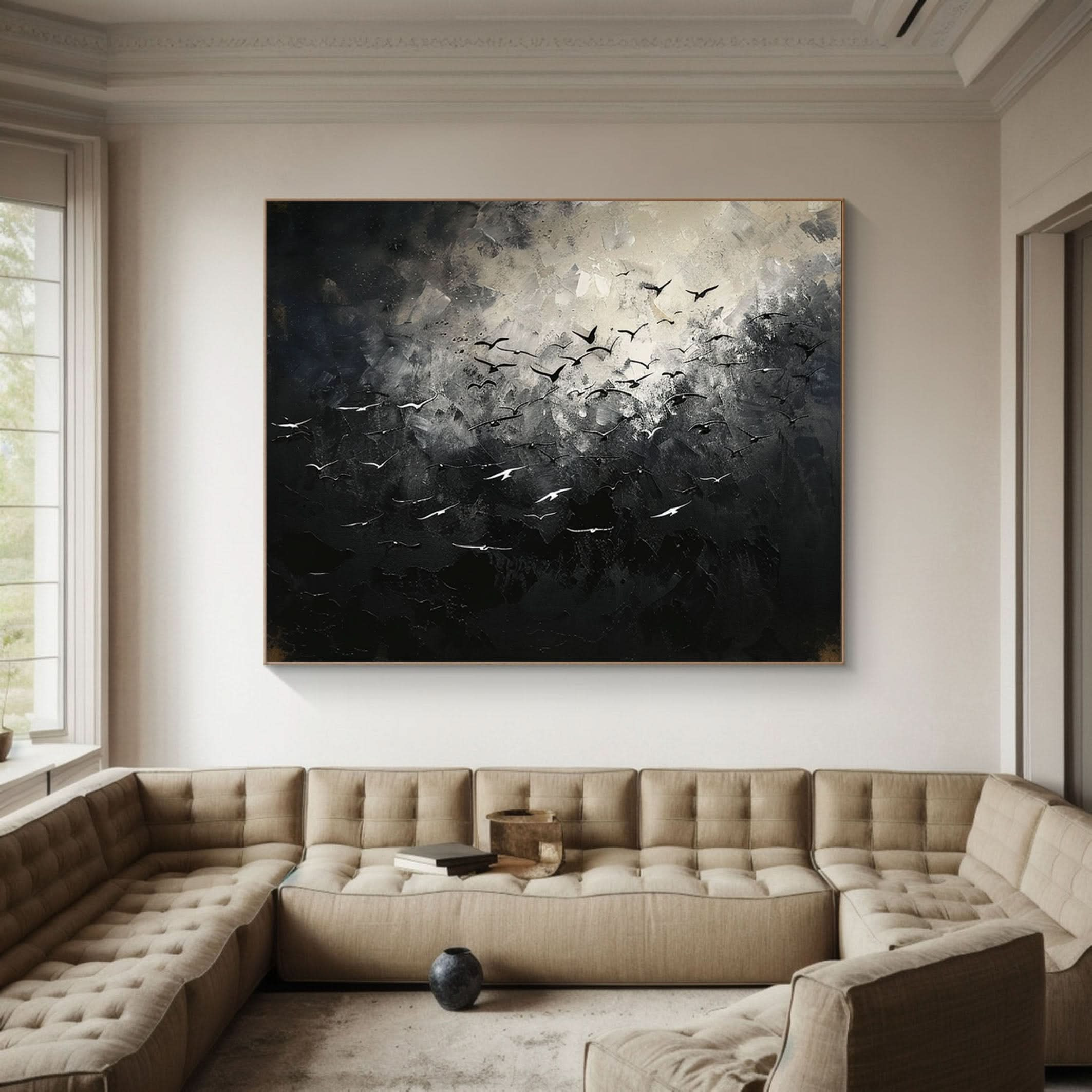 Majestic Birds in Flight Abstract Art Large Black and White Canvas #BM 060