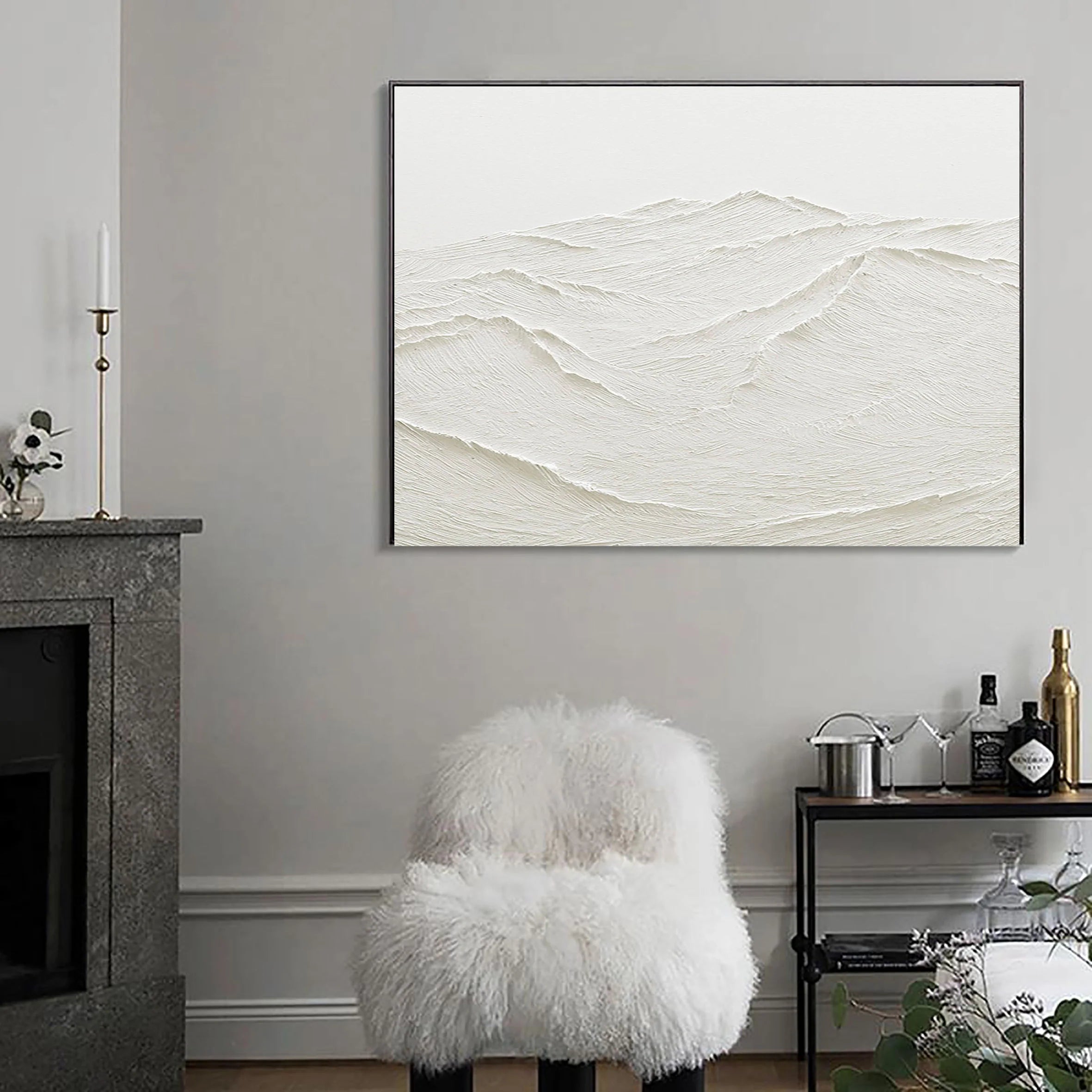 White Rich Textured Landscape Plaster Art Painting, Handcrafted Mountain Minimalist Wall Art