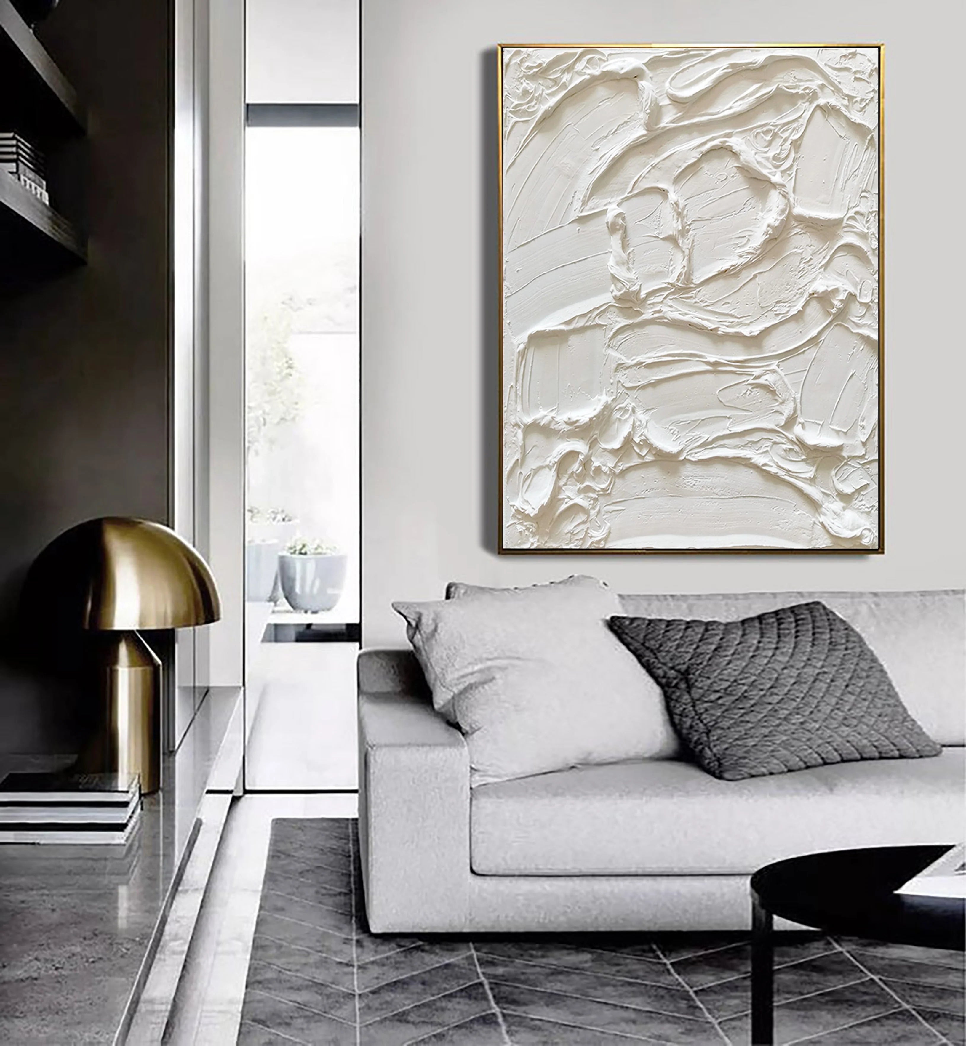 White Textured Plaster Painting Minimalist Handcrafted Wall Decor