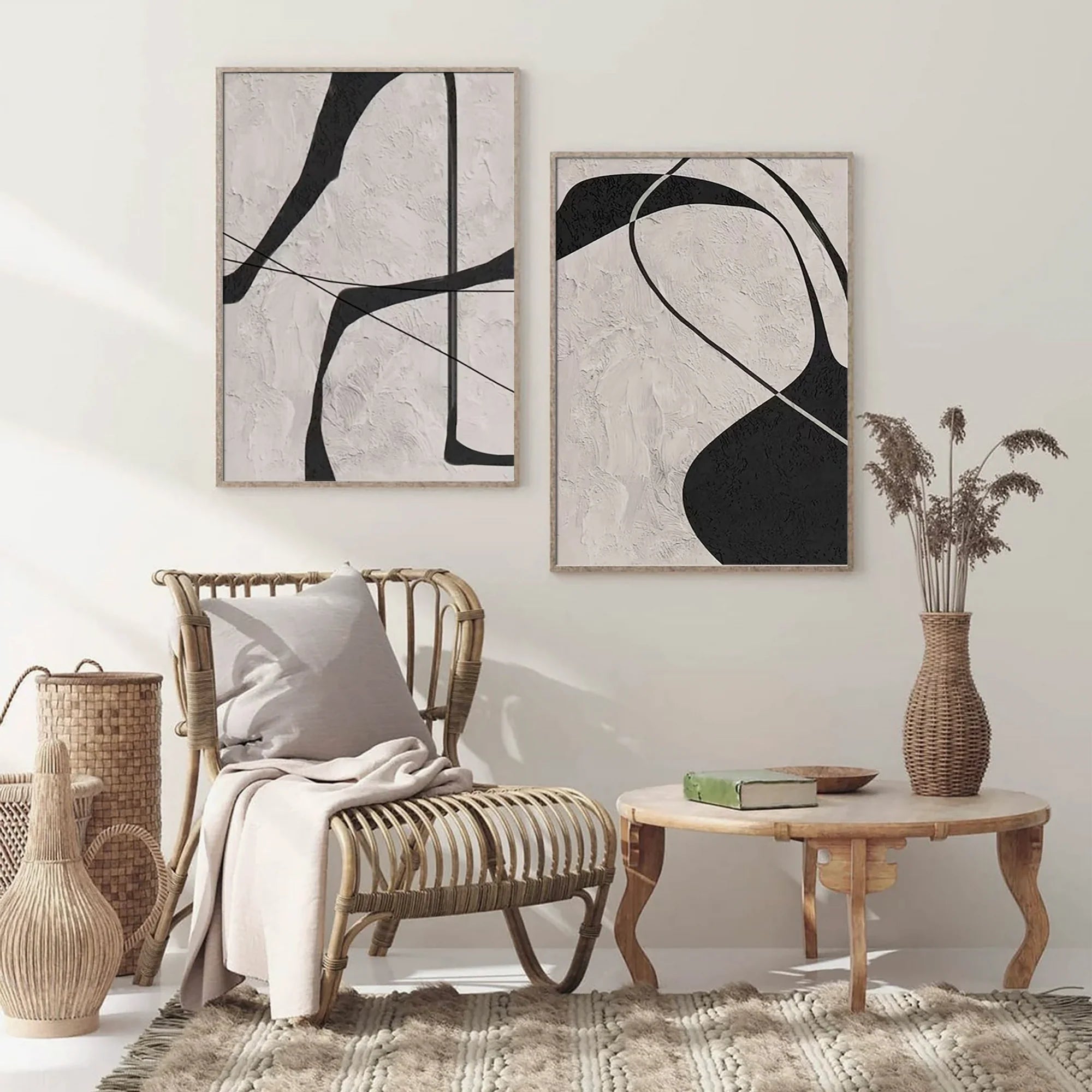 Beige & Black Abstract Textured Painting Set of 2 #WS110