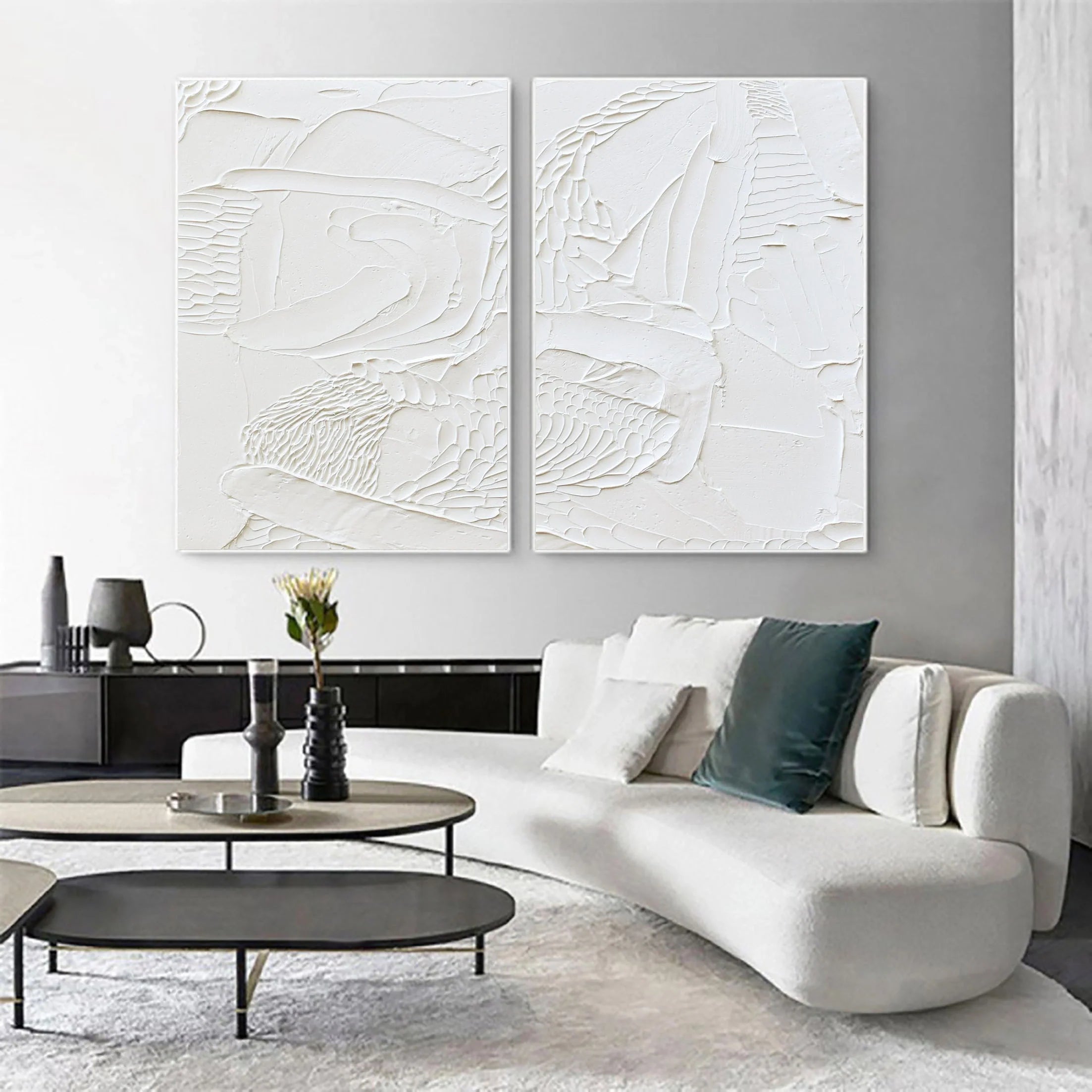 Set of 2 White Textured Minimalistic Large Painting for Bedroom/Living Room