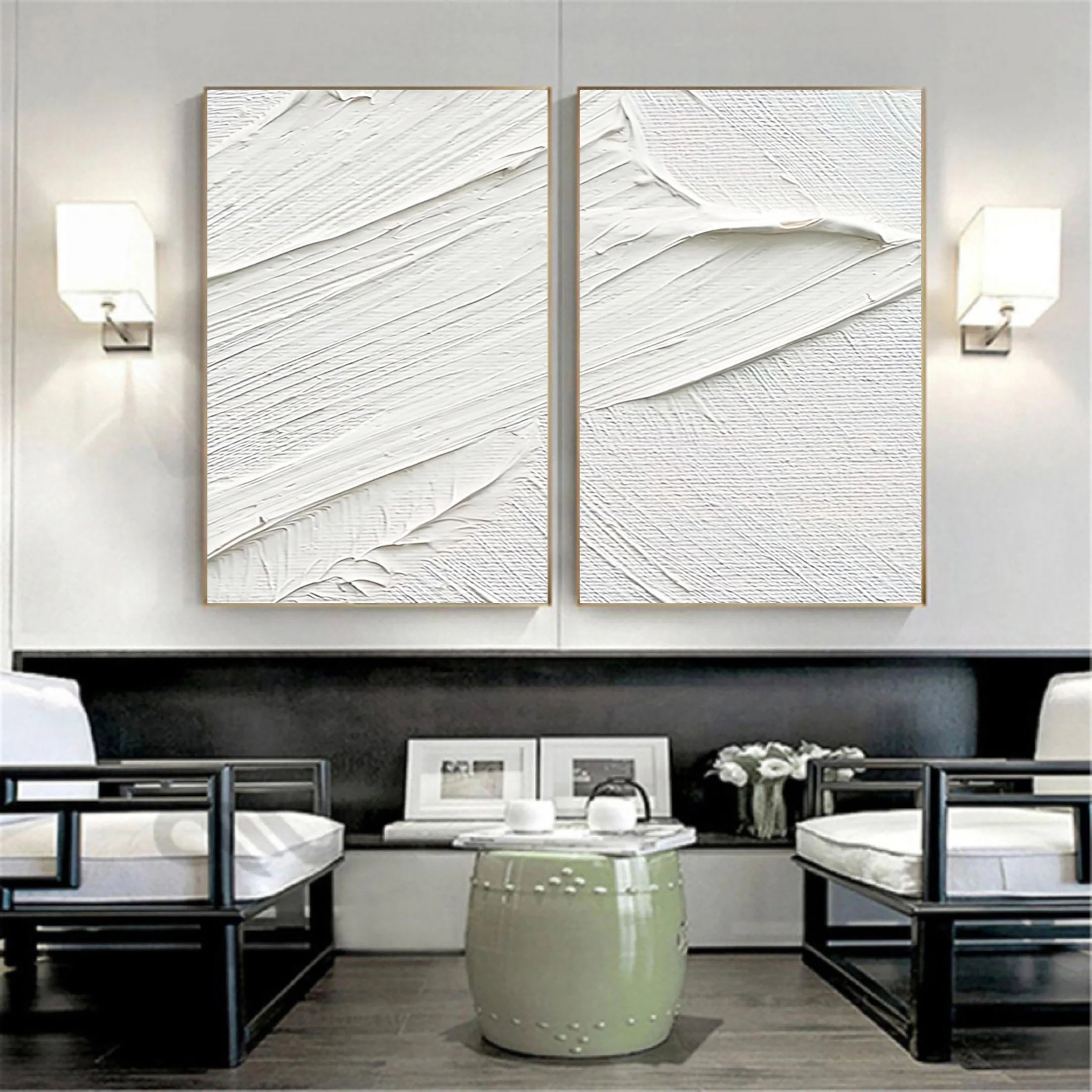 Set of 2 White Plaster Art Textured Painting on Canvas Wall Decor