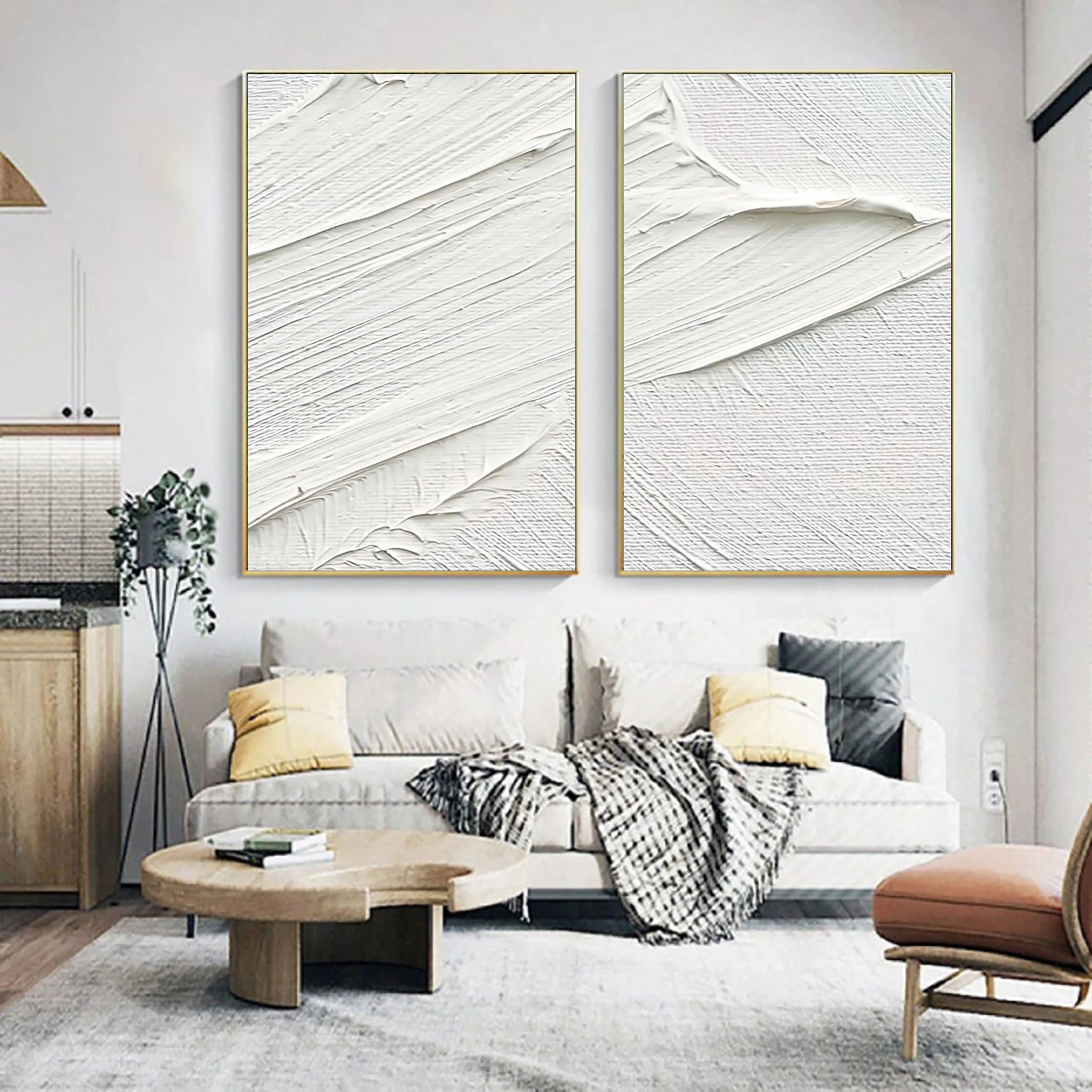 Set of 2 White Plaster Art Textured Painting on Canvas Wall Decor