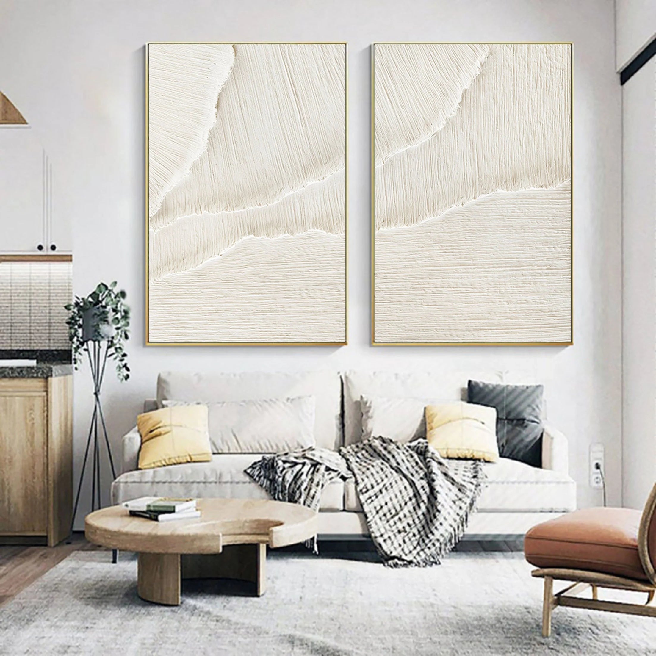 Set of 2 Minimalistic White Plaster Large Painting for Home Decor