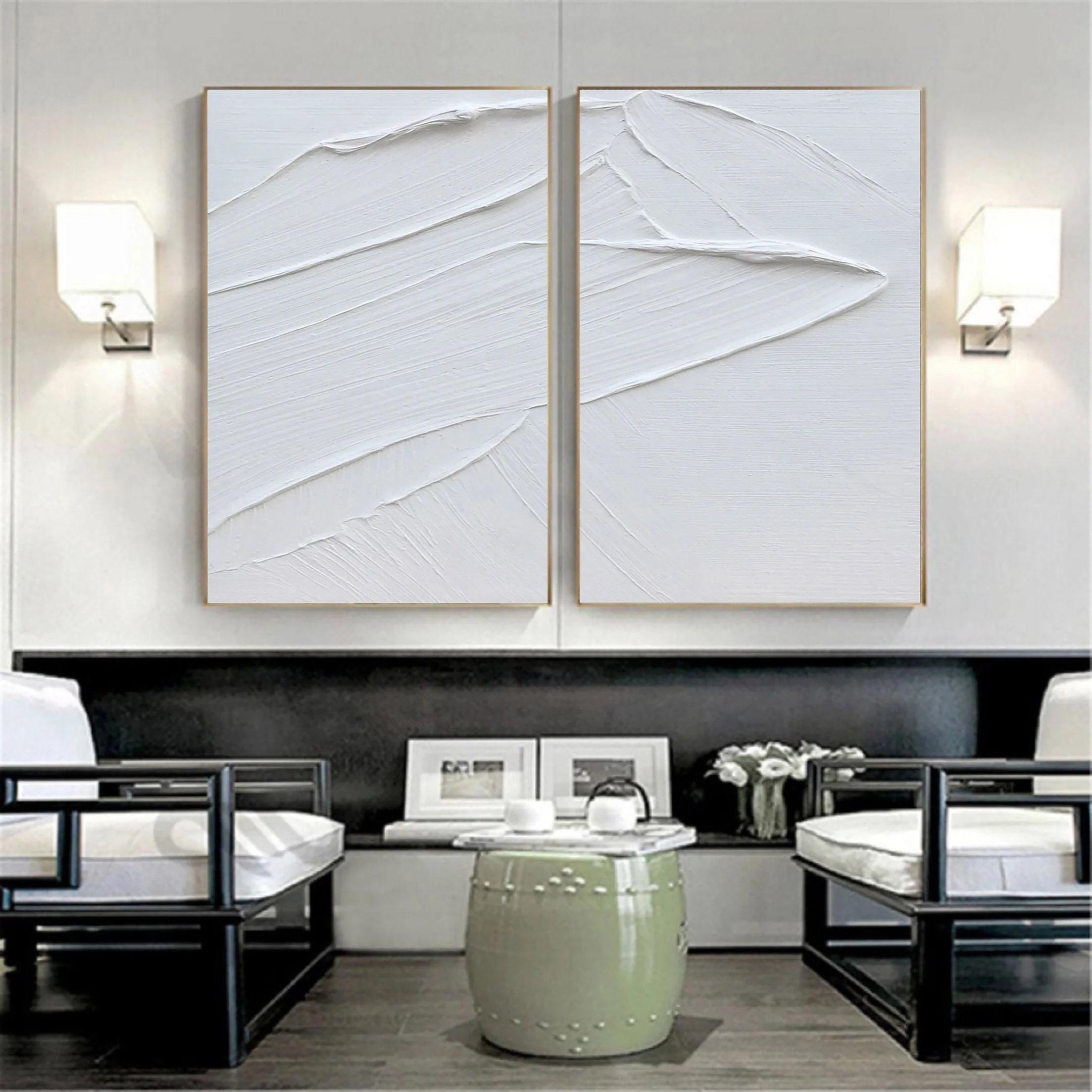 Set of 2 Plaster Art Minimalistic Painting Wall Decor for Room