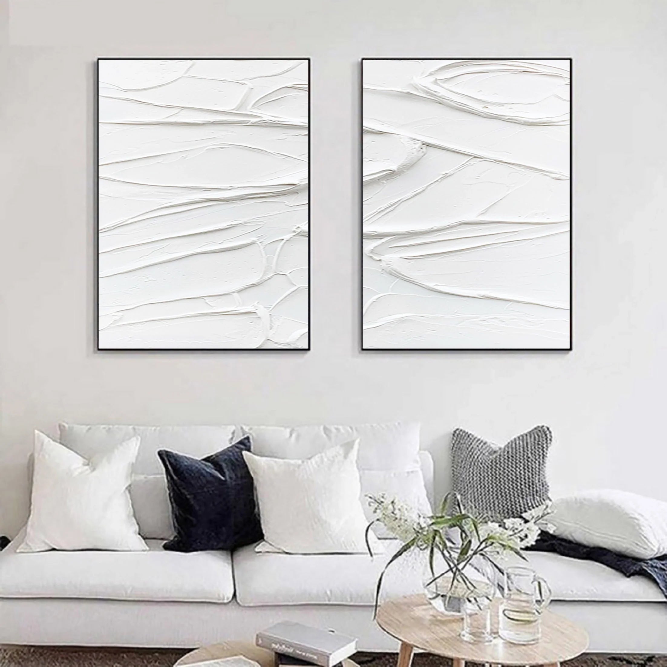 Set of 2 White Textured Plaster Art Canvas, Large Abstract Painting for Room Decor