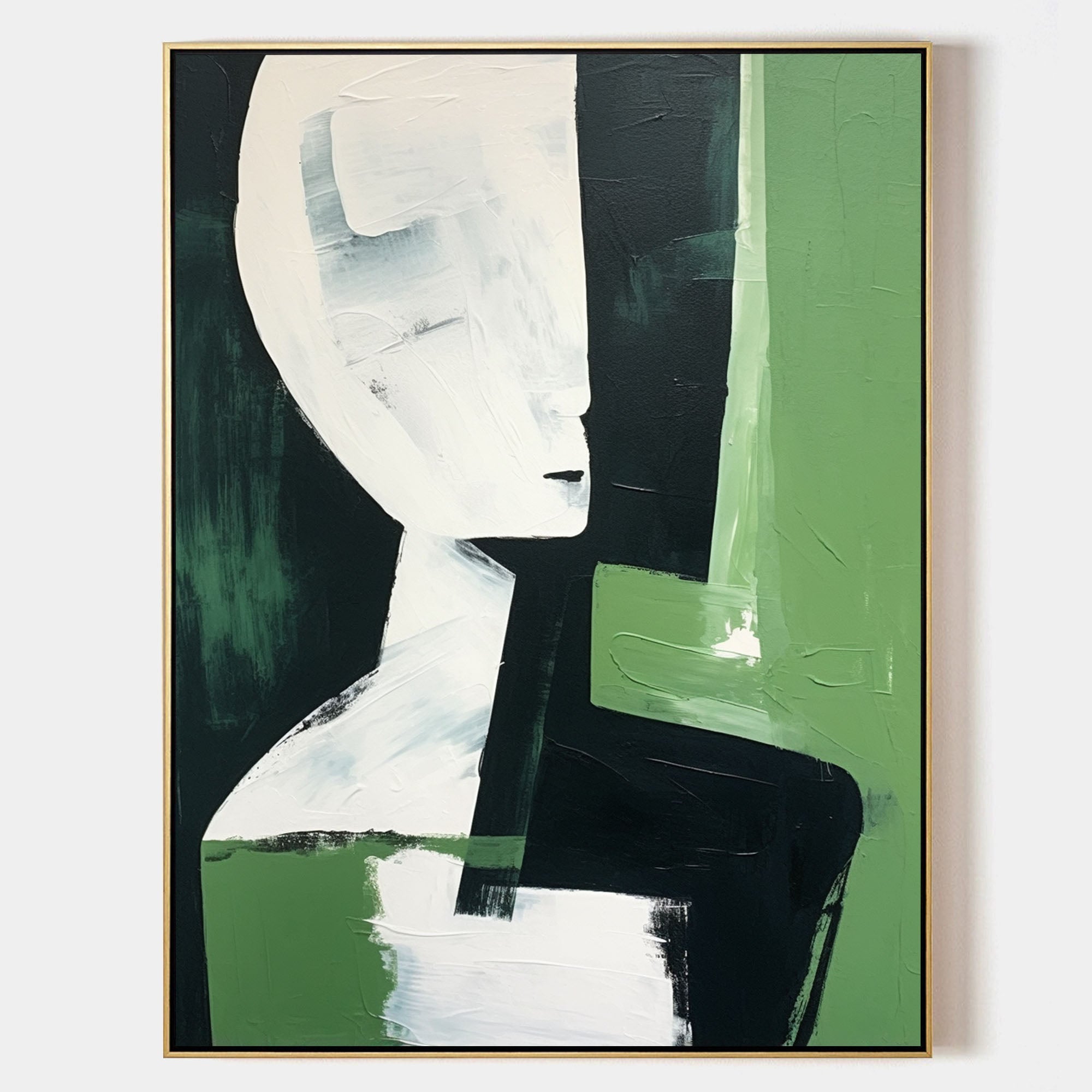 Green And White And Black Abstract Canvas Oil Painting For Sale Contemporary Minimalist Wall Art