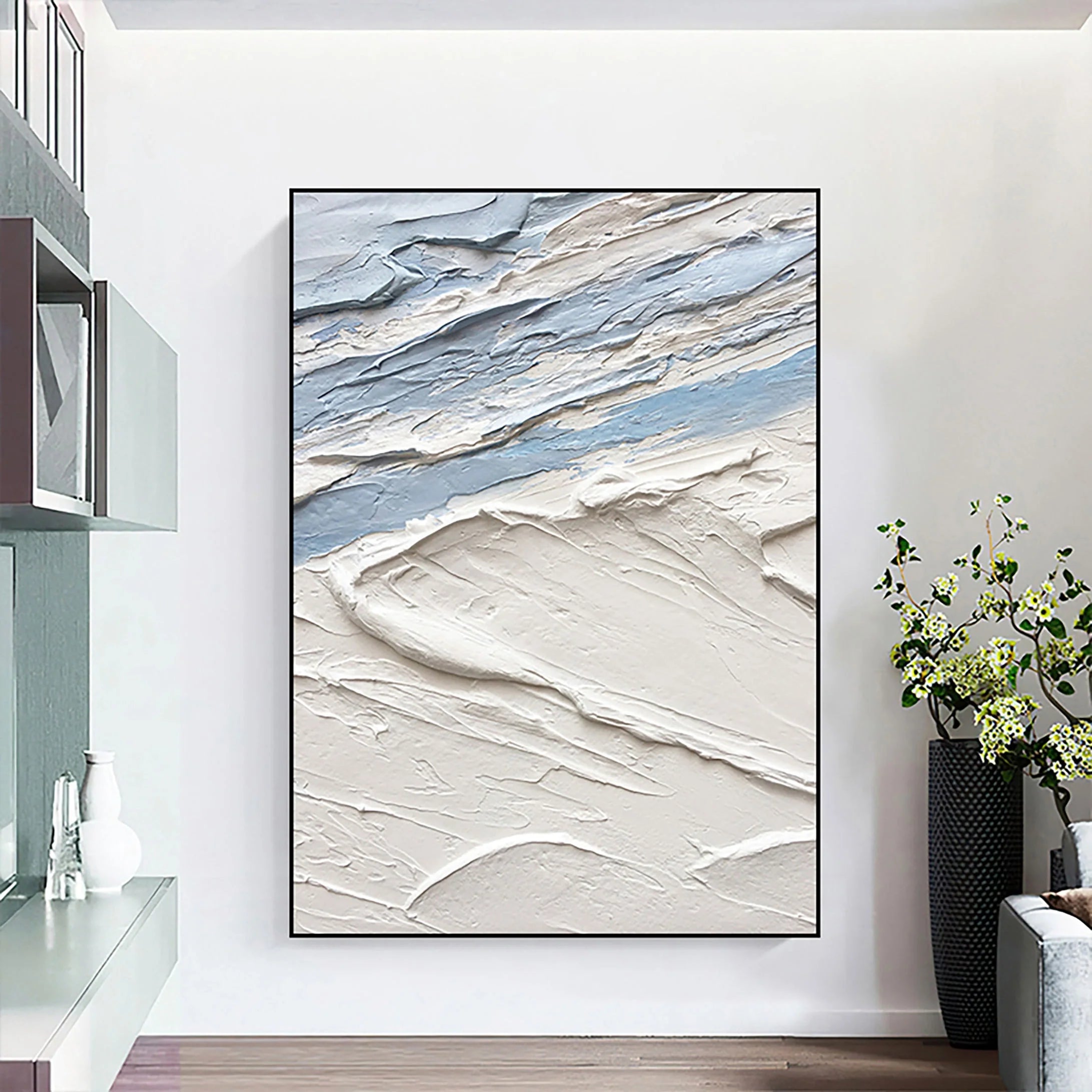 Blue White Textured Sea Slaps Plaster Art Minimalist Painting Wall Decor