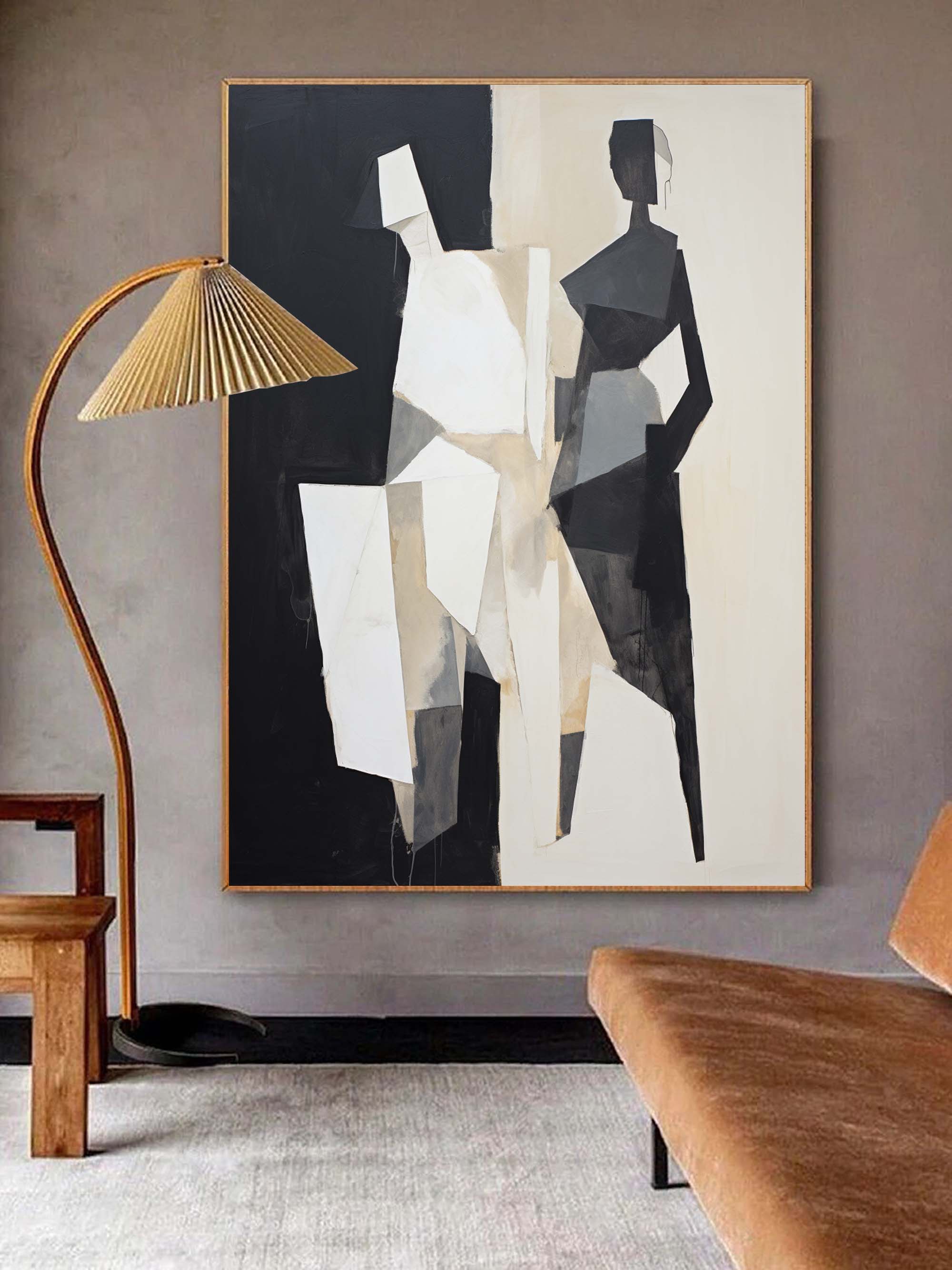 Black and Beige Minimalist Wall Art Black and Beige Textured Wall Art Abstract Painting of 2 Figures Contemporary Abstract Art for Sale