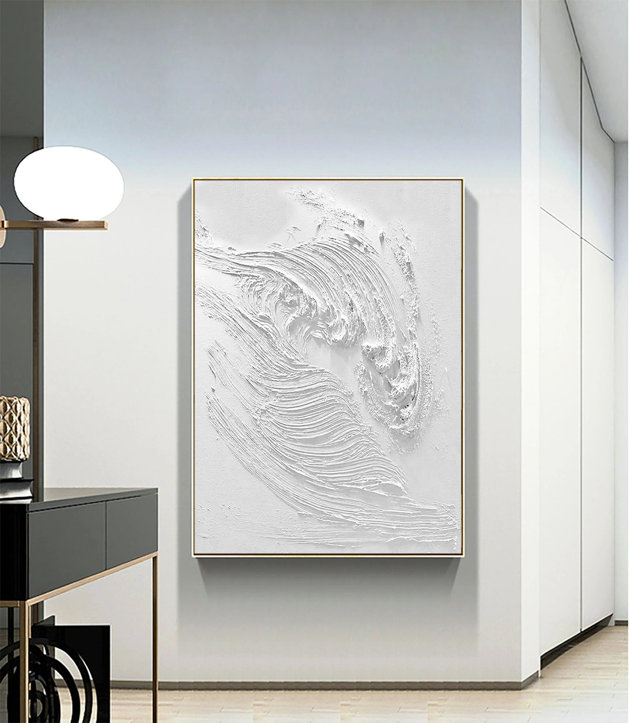 White Ocean Waves Textured Plaster Art Painting, Minimalist Wall Artwork for Room Decor