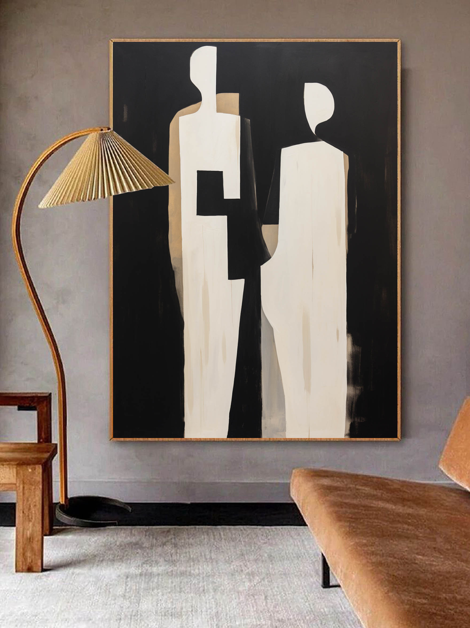 Black and Beige 2 People Abstract Art Canvas Black and Beige Minimalist Abstract Figure Painting Abstract People Minimalist Wall Art Decor