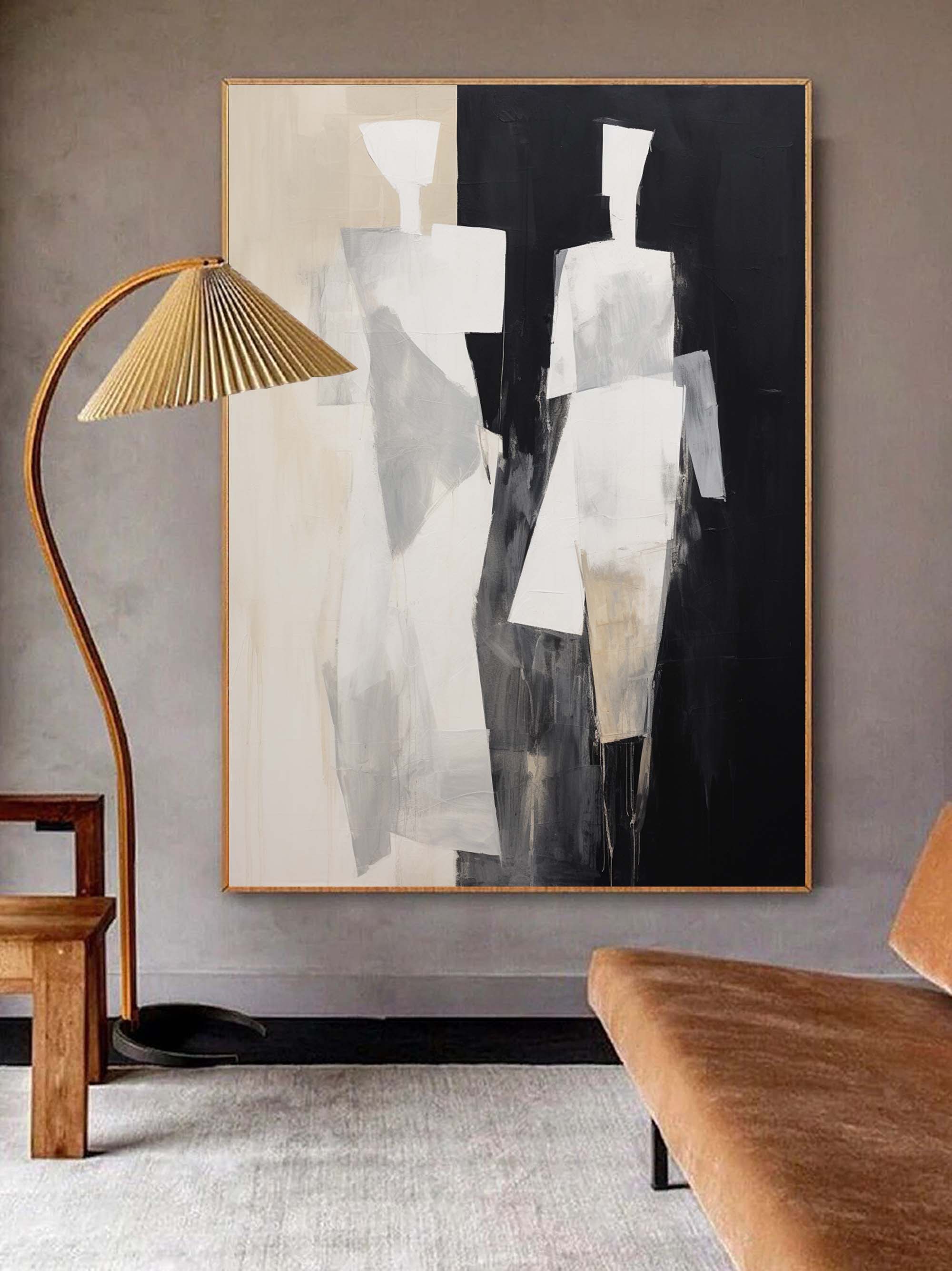 Black And Beige 2 People Minimalist Canvas Painting Black And Beige Minimalist Wall Art Contemporary Abstract Art Abstract People Art Canvas