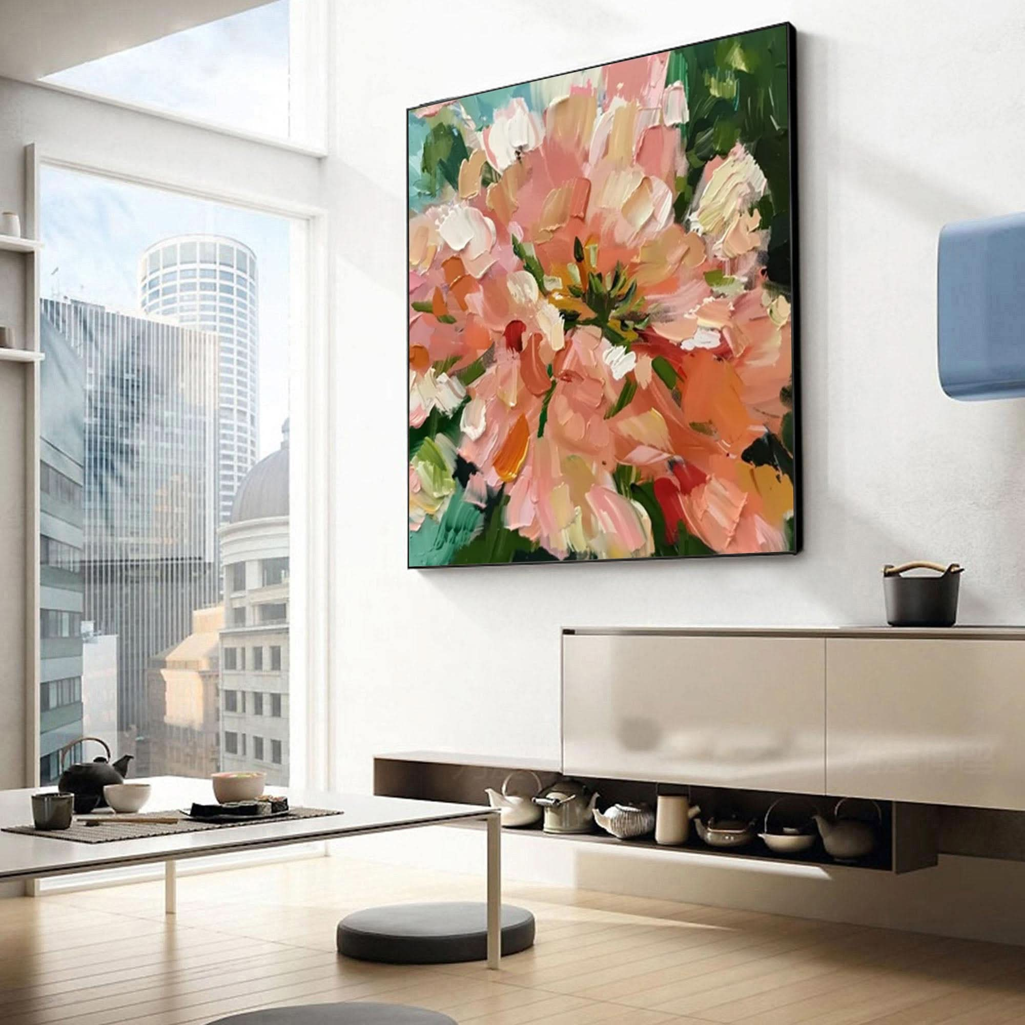 Blossoming Pink Peonies Canvas Art Impressionist Floral Wall Decor #FT 027