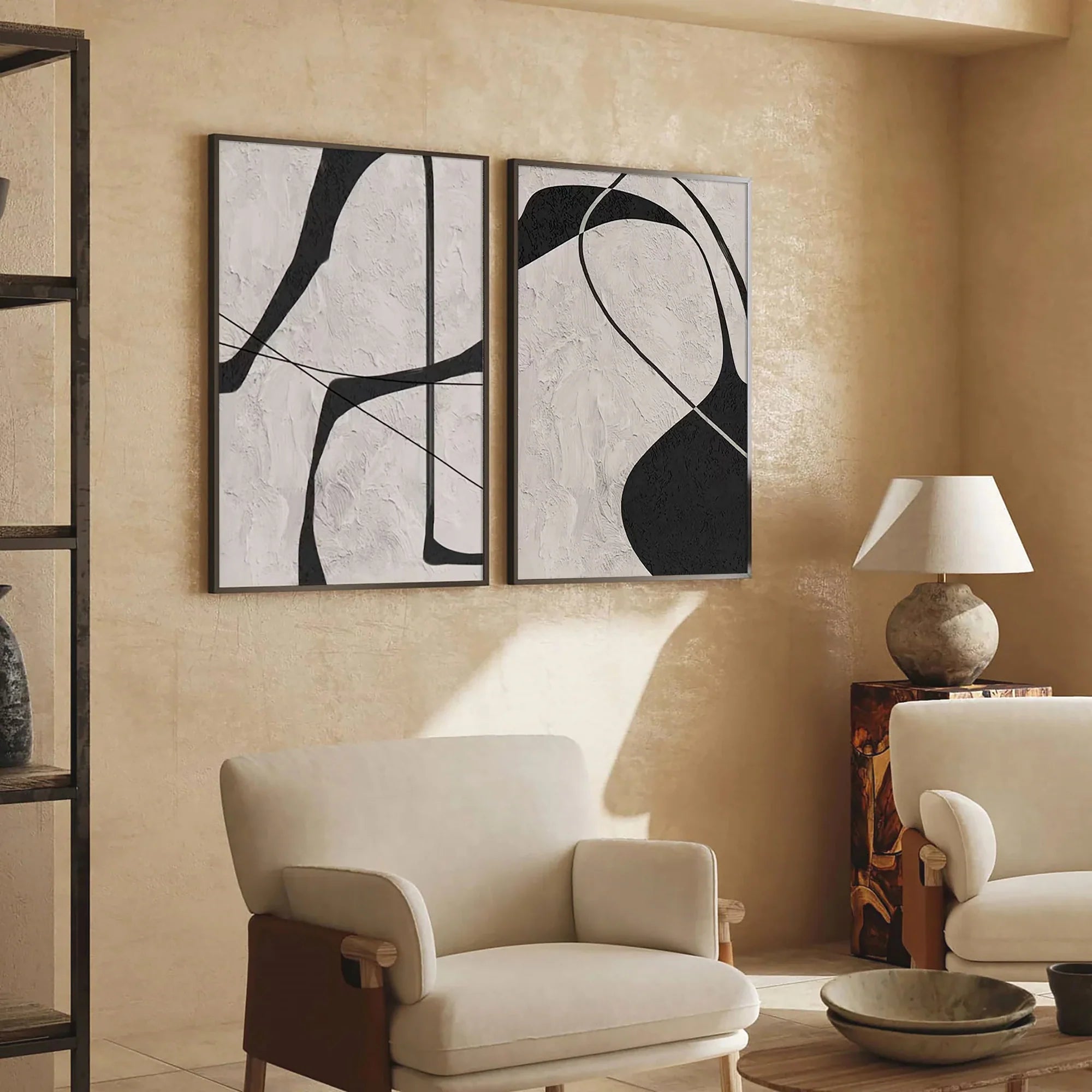 Beige & Black Abstract Textured Painting Set of 2 #WS110