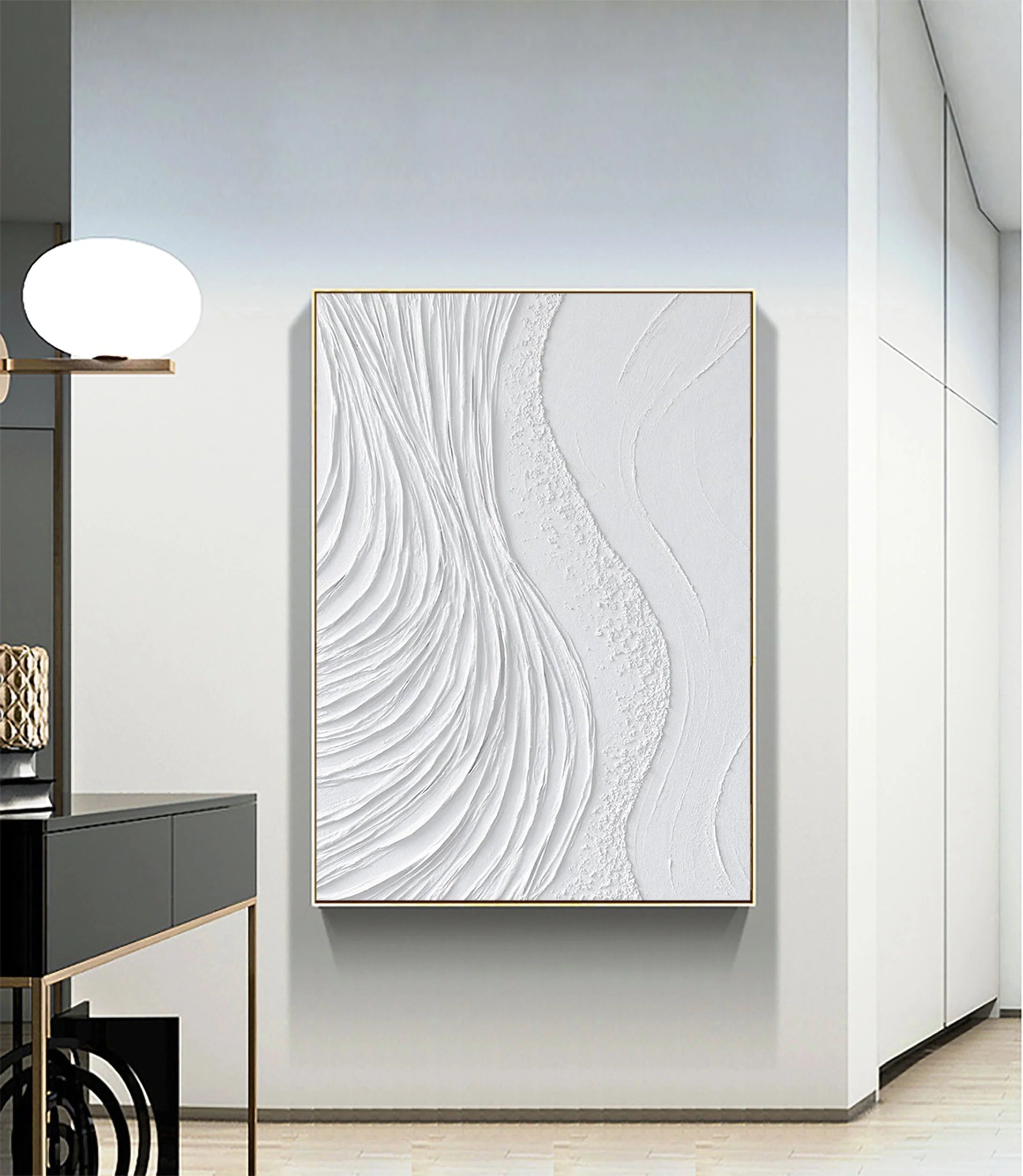 White Surf Minimalist Wall Art, Large Abstract Plaster Painting On Canvas