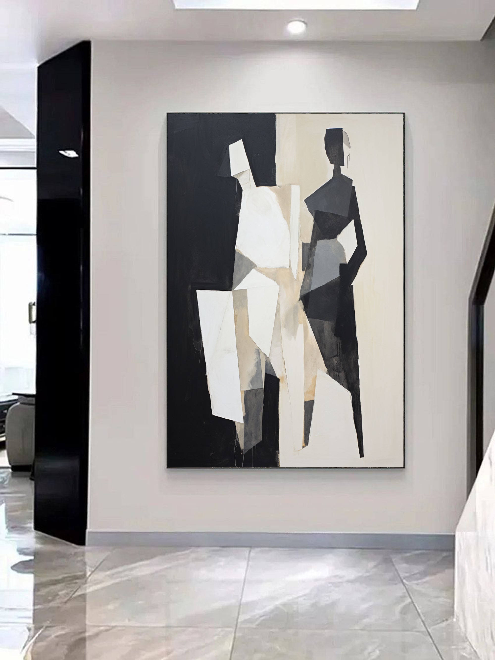 Black and Beige Minimalist Wall Art Black and Beige Textured Wall Art Abstract Painting of 2 Figures Contemporary Abstract Art for Sale