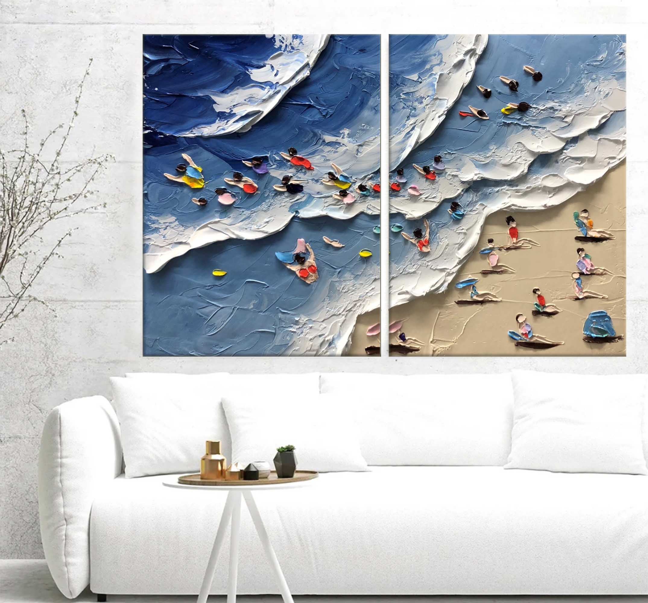 Large Seaside Beach Canvas Oil Painting Set of 2 Wave Beach Texture Wall Paintings For Sale