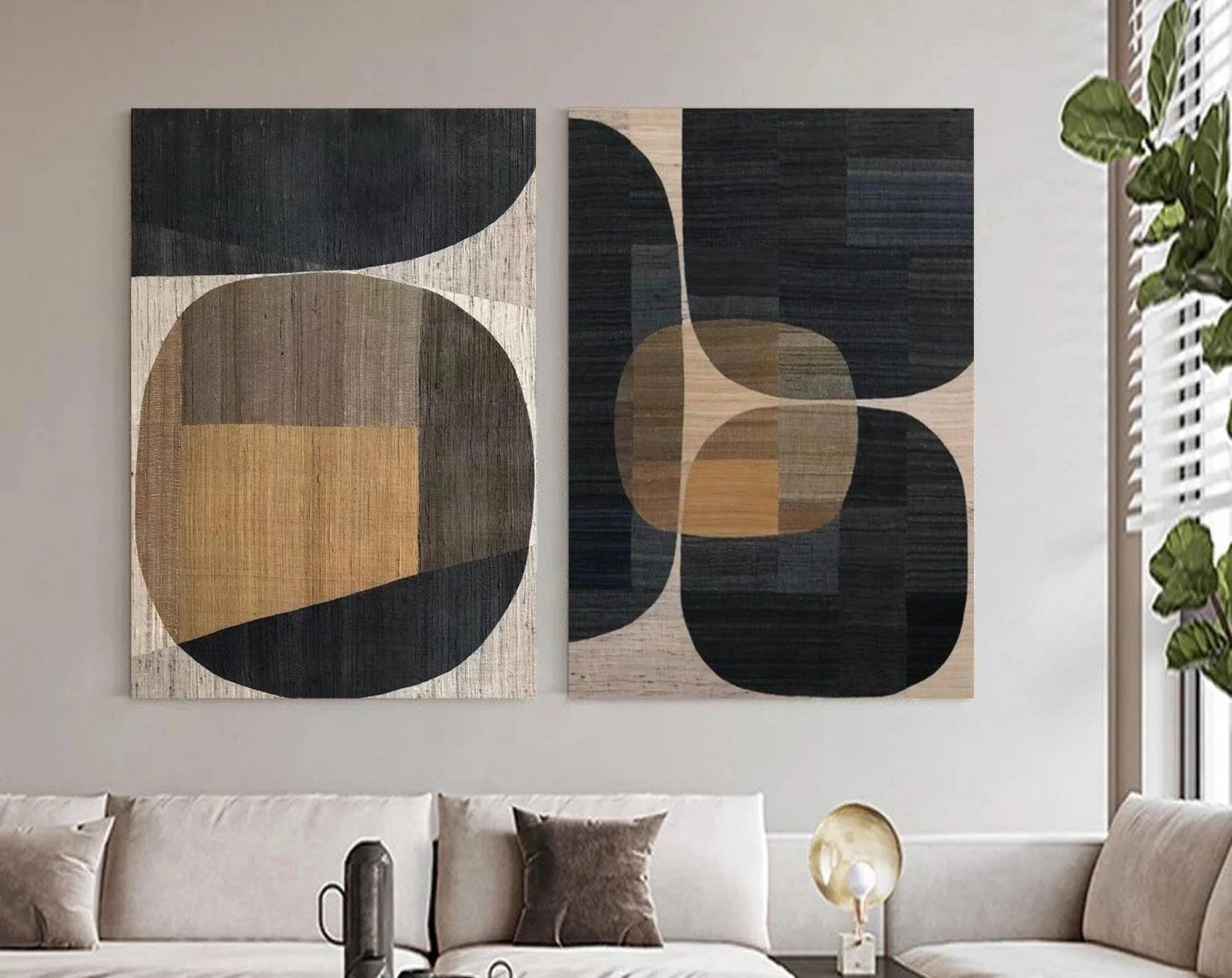 Geometric Wabi Sabi Abstract Wall Decor Painting Black Brown Artwork Set of 2