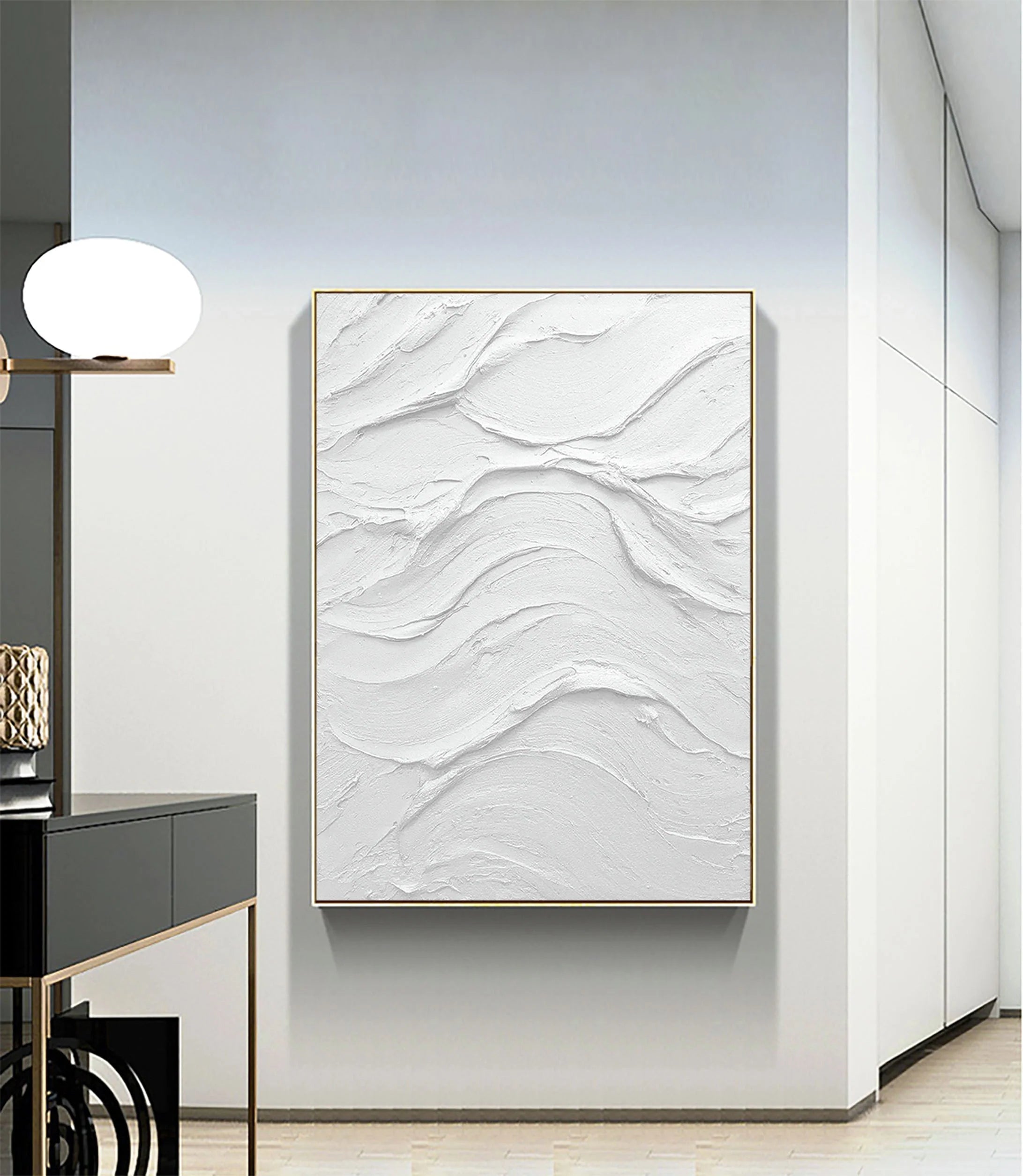 White Minimalist Plaster Painting Large 3D Textured Abstract Wall Art Framed Canvas