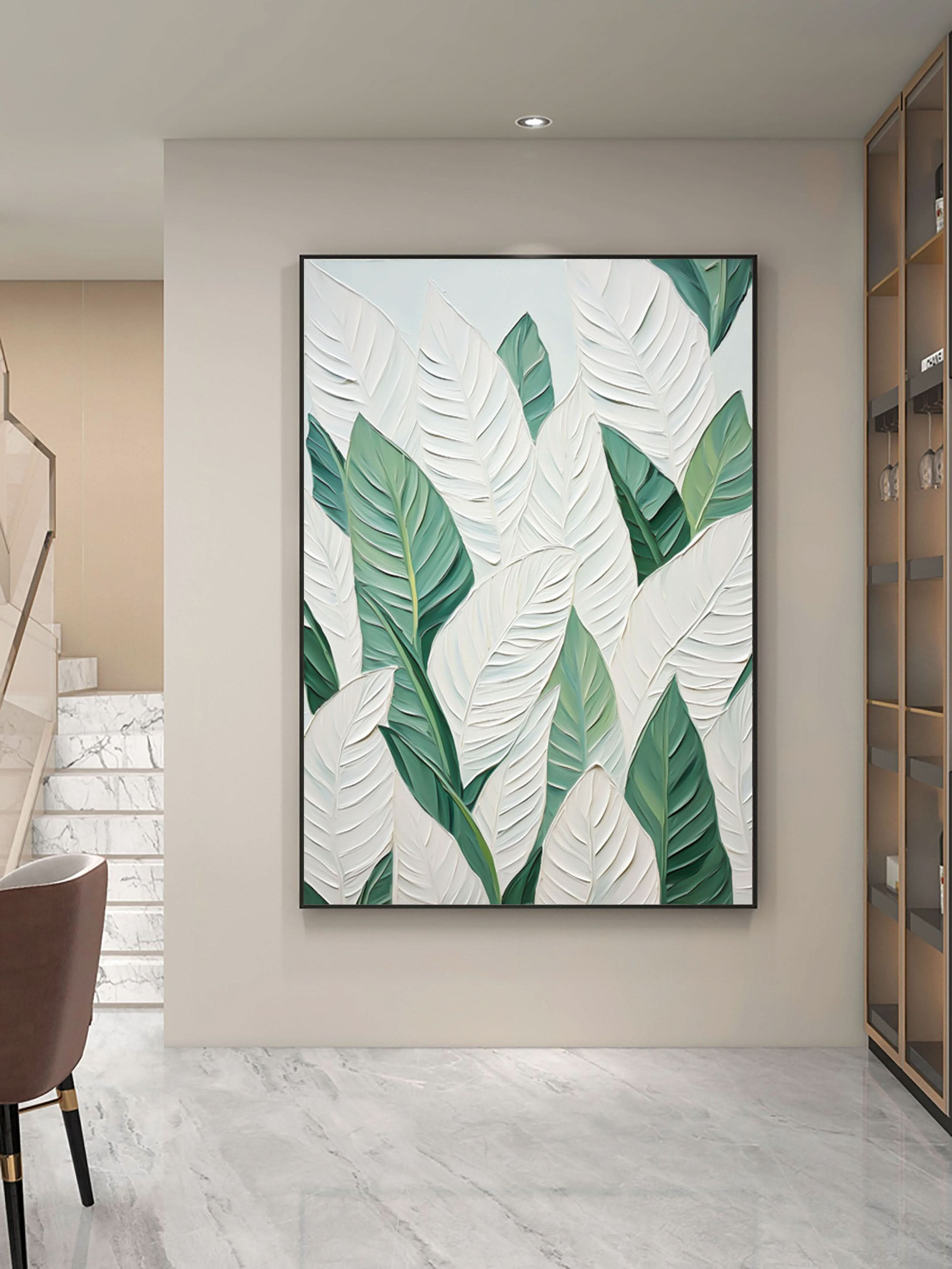 Green and White Leaf Canvas Art #BGM 029