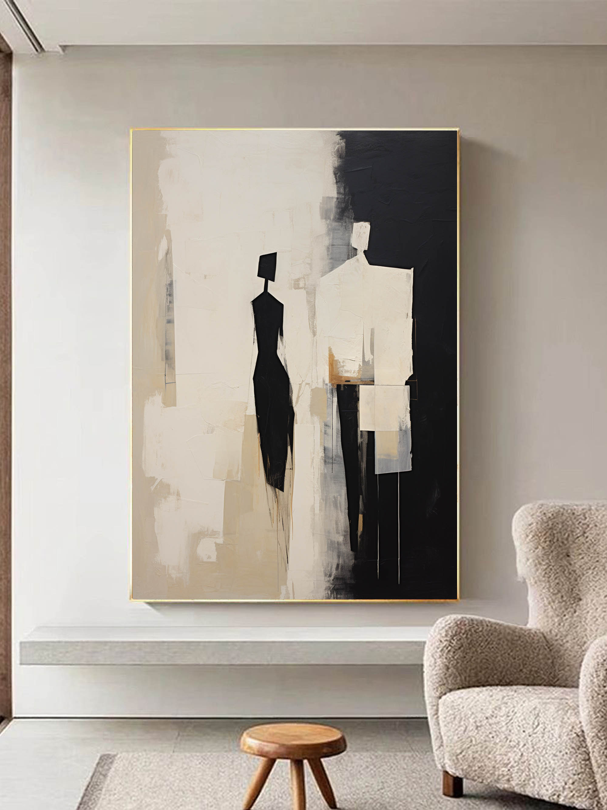 Beige Abstract Canvas Art Beige Minimalist Painting Black and Beige Minimalist Wall Art Beige Minimalist Wall Art Decor Abstract People Art