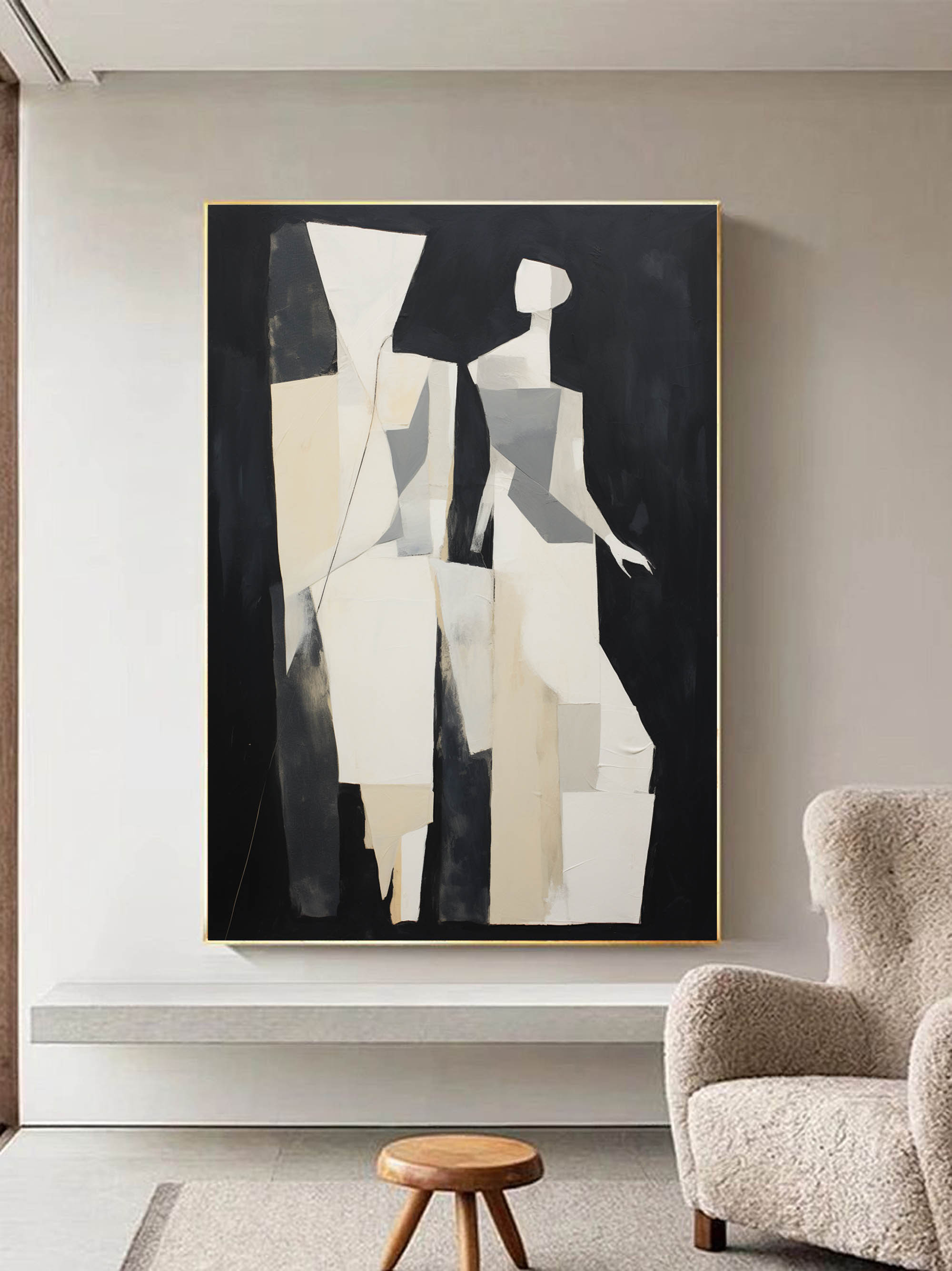 Black and Beige Minimalist Abstract Canvas Art Black and Beige Minimalist Wall Art Black and Beige Minimalist Abstract Painting of Figures