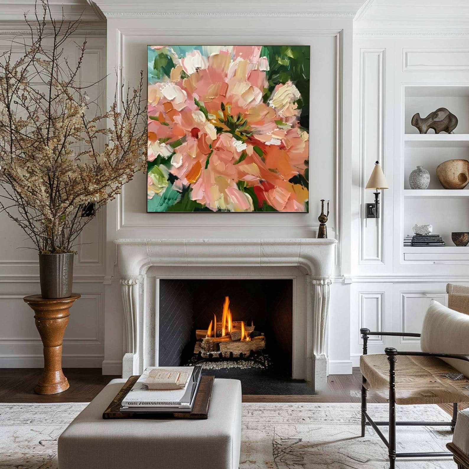 Blossoming Pink Peonies Canvas Art Impressionist Floral Wall Decor #FT 027