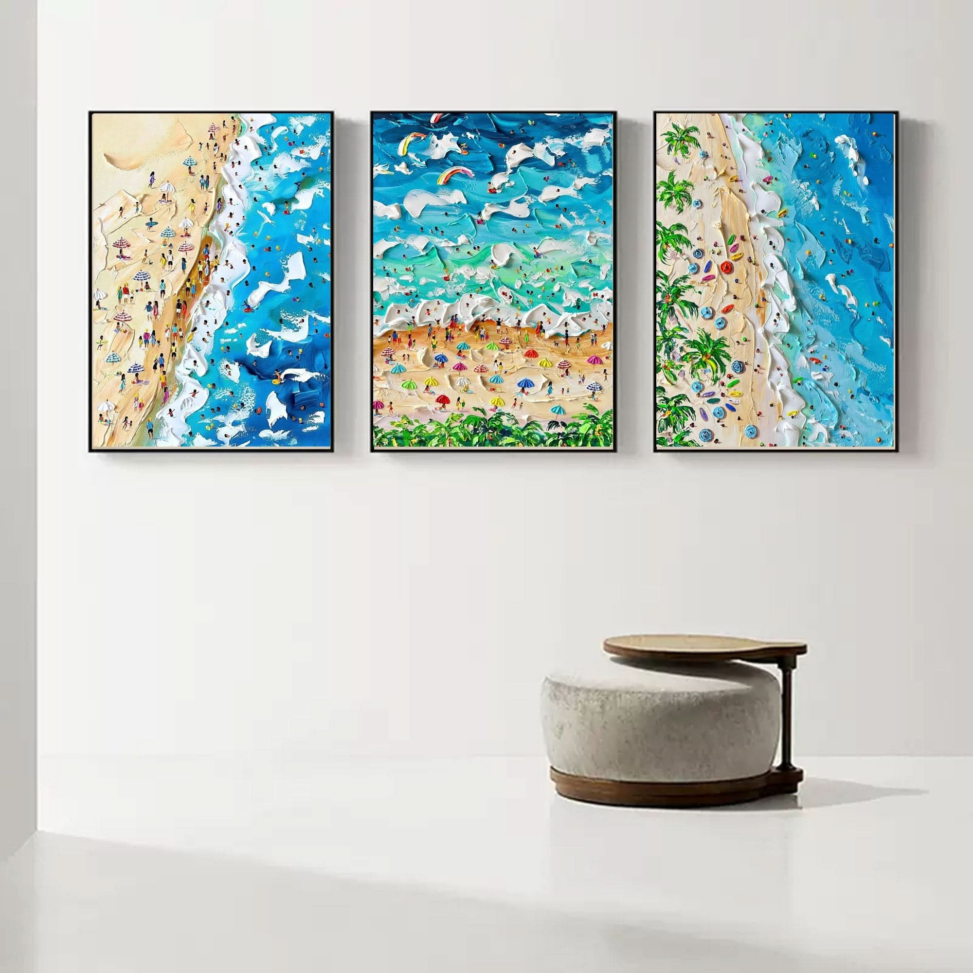 Blue Wave Beach Painting Set of 3 Summer Seaside Holiday Canvas Art Blue Sea Beach Texture Wall Art