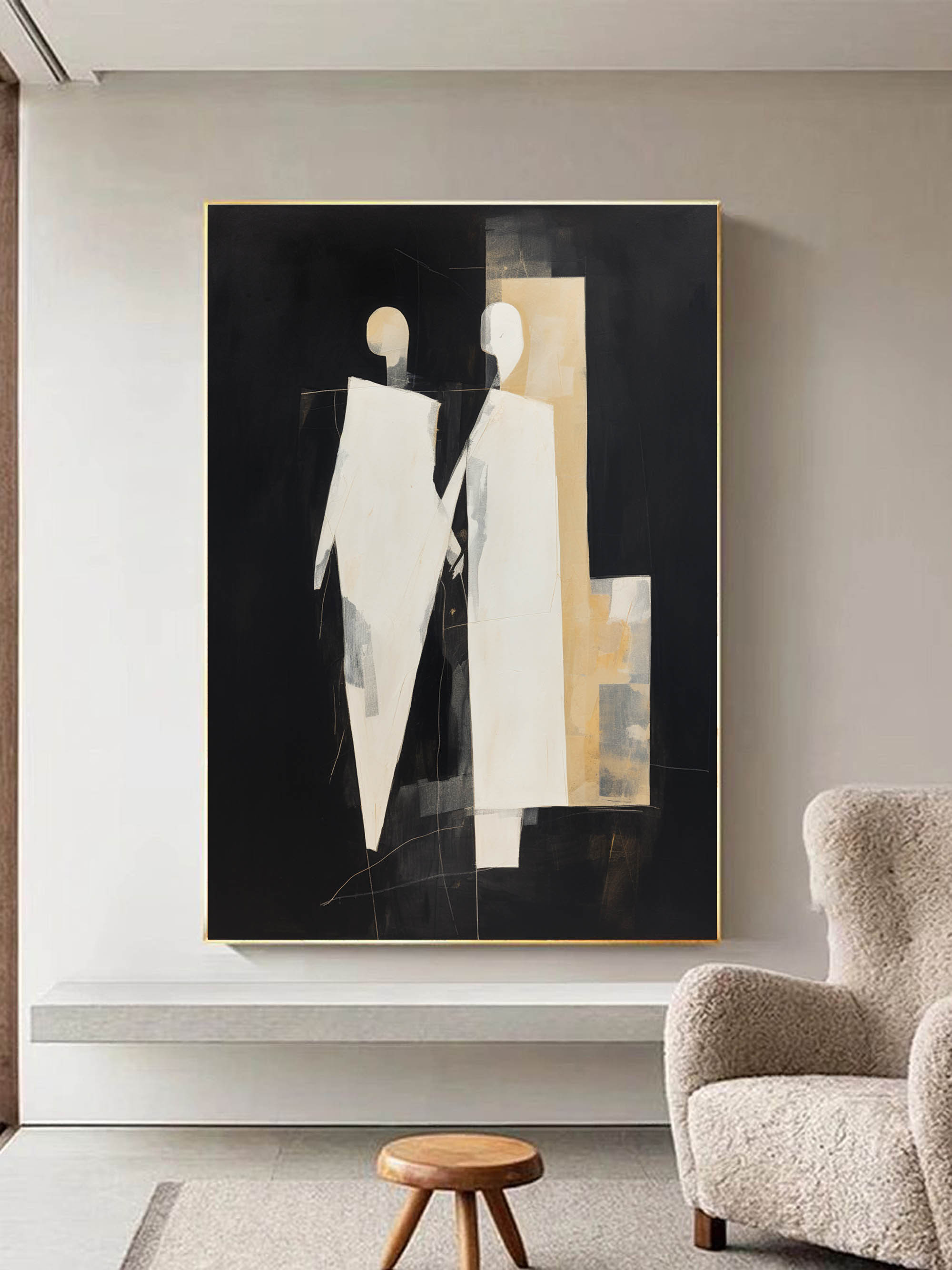 Black and Beige Textured Abstract Art Canvas Black and Beige Minimalist Painting Contemporary Abstract Canvas Art People Canvas Wall Art