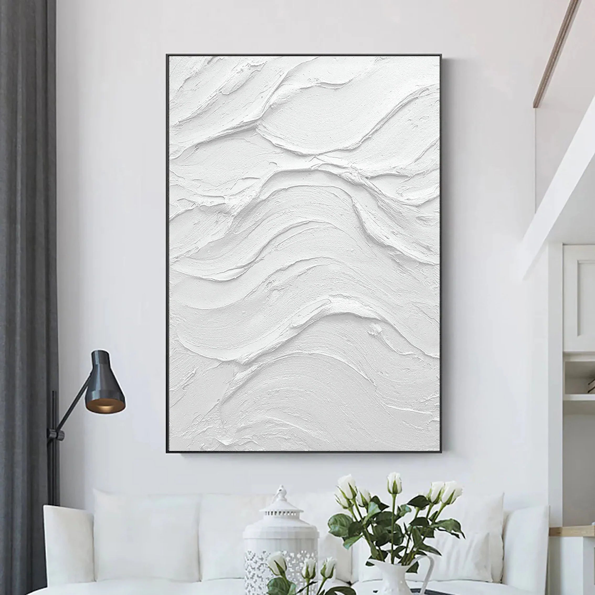 White Minimalist Plaster Painting Large 3D Textured Abstract Wall Art Framed Canvas