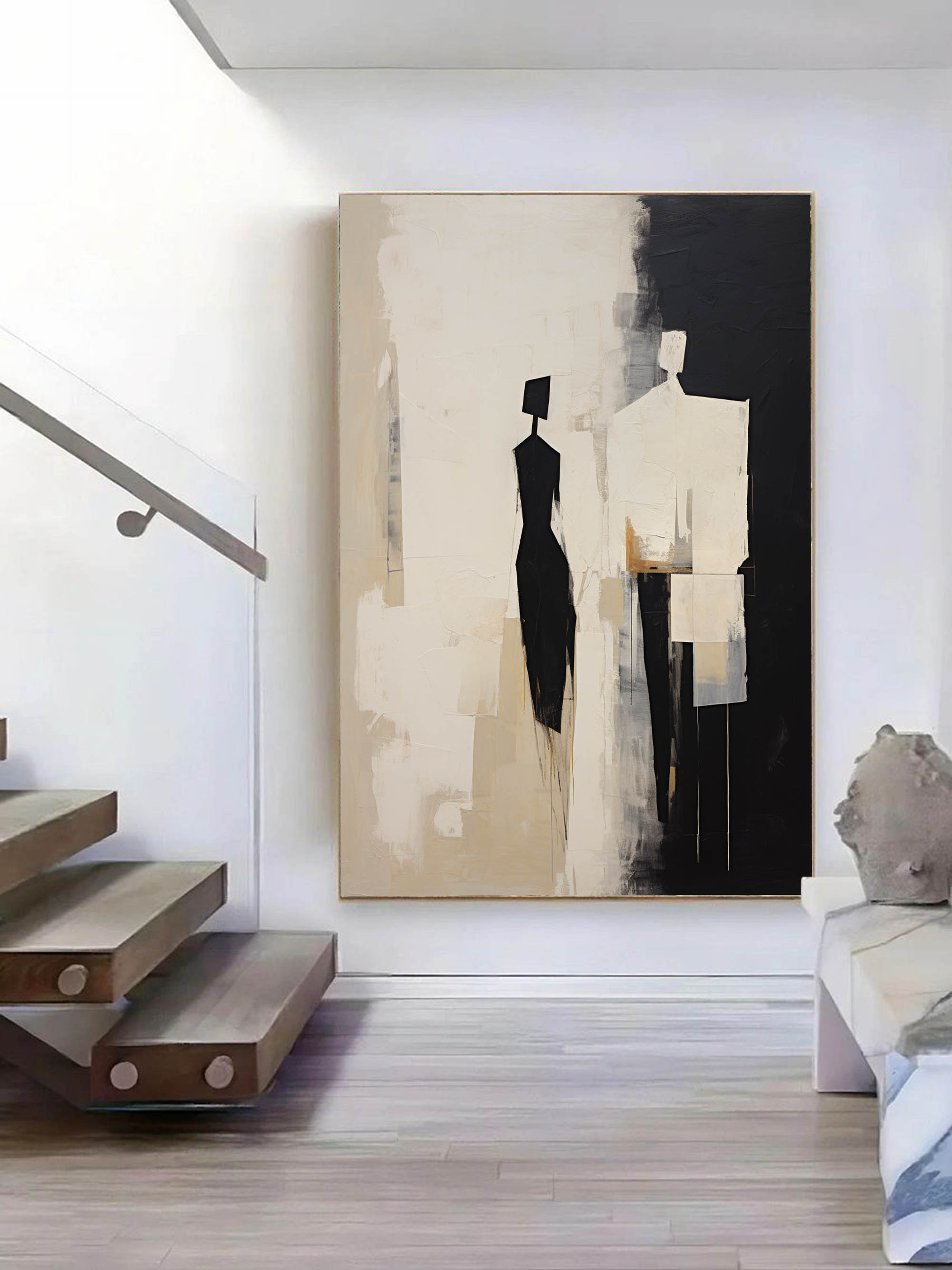 Beige Abstract Canvas Art Beige Minimalist Painting Black and Beige Minimalist Wall Art Beige Minimalist Wall Art Decor Abstract People Art