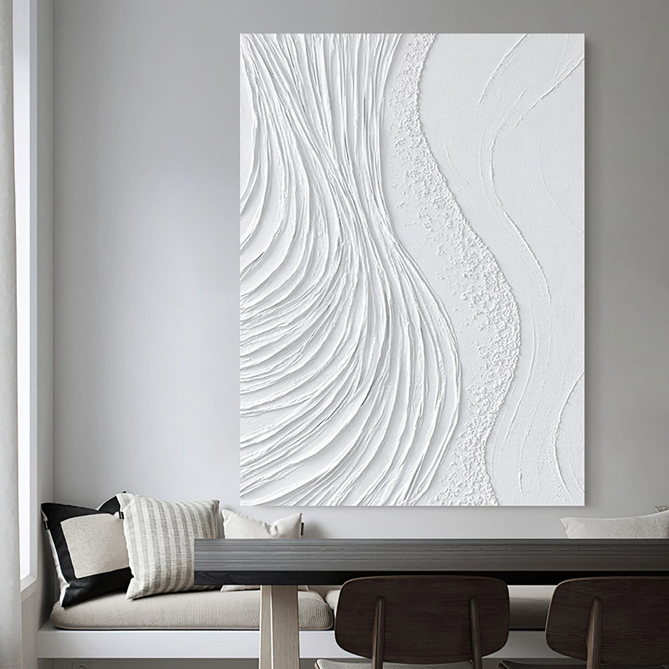 White Surf Minimalist Wall Art, Large Abstract Plaster Painting On Canvas