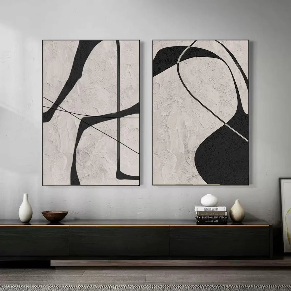 Beige & Black Abstract Textured Painting Set of 2 #WS110