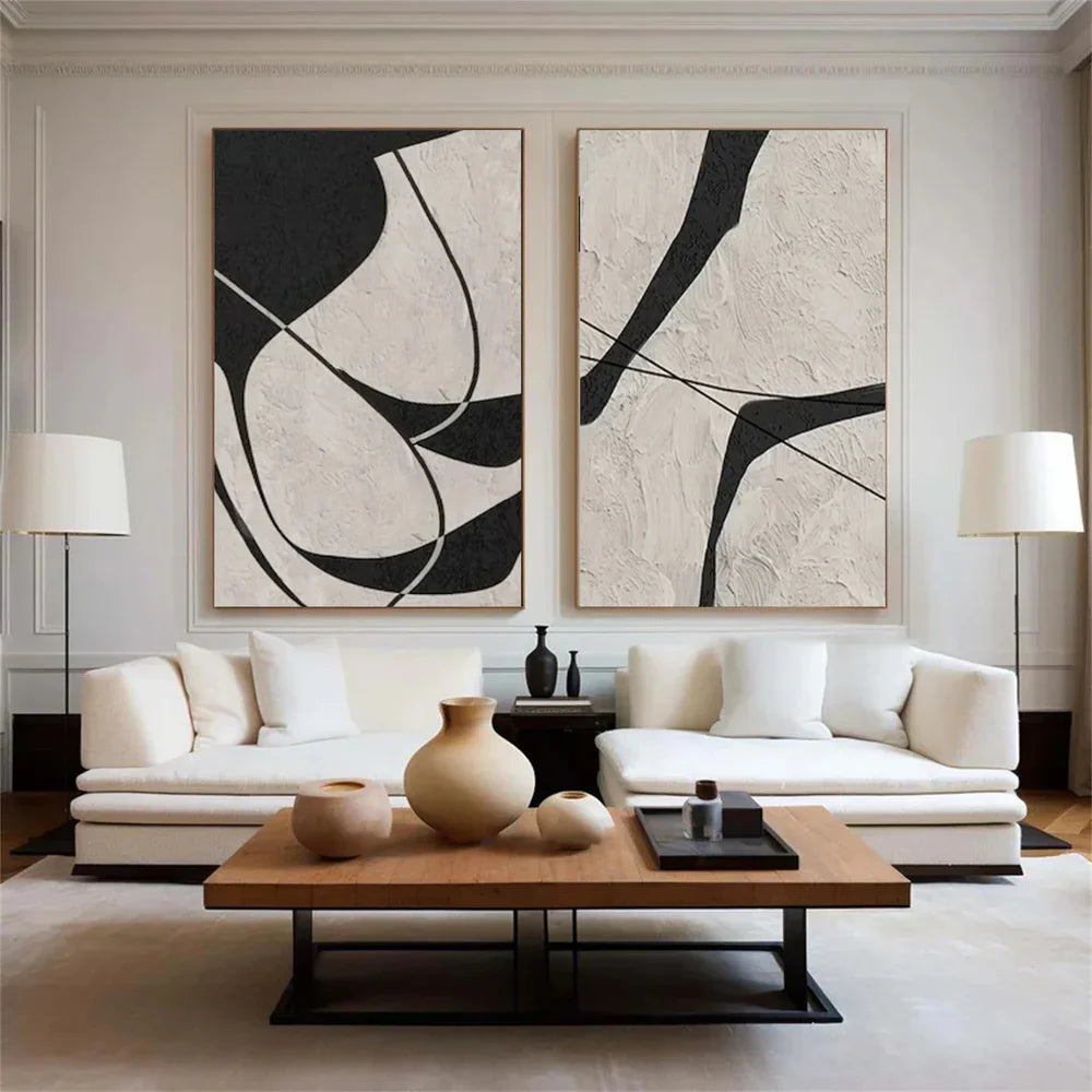 Beige & Black Abstract Textured Painting Set of 2 #WS325