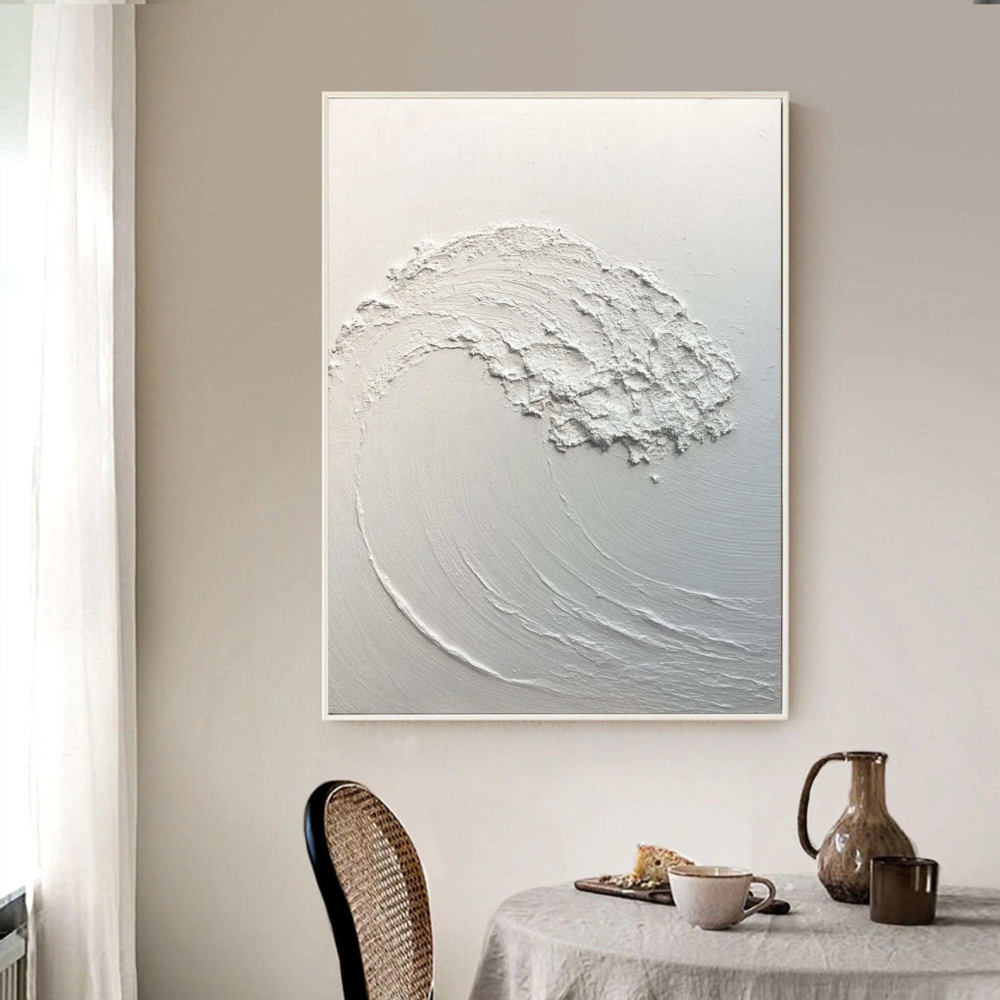 White Sea Waves Minimalist Textured Plaster Painting for Home Decor