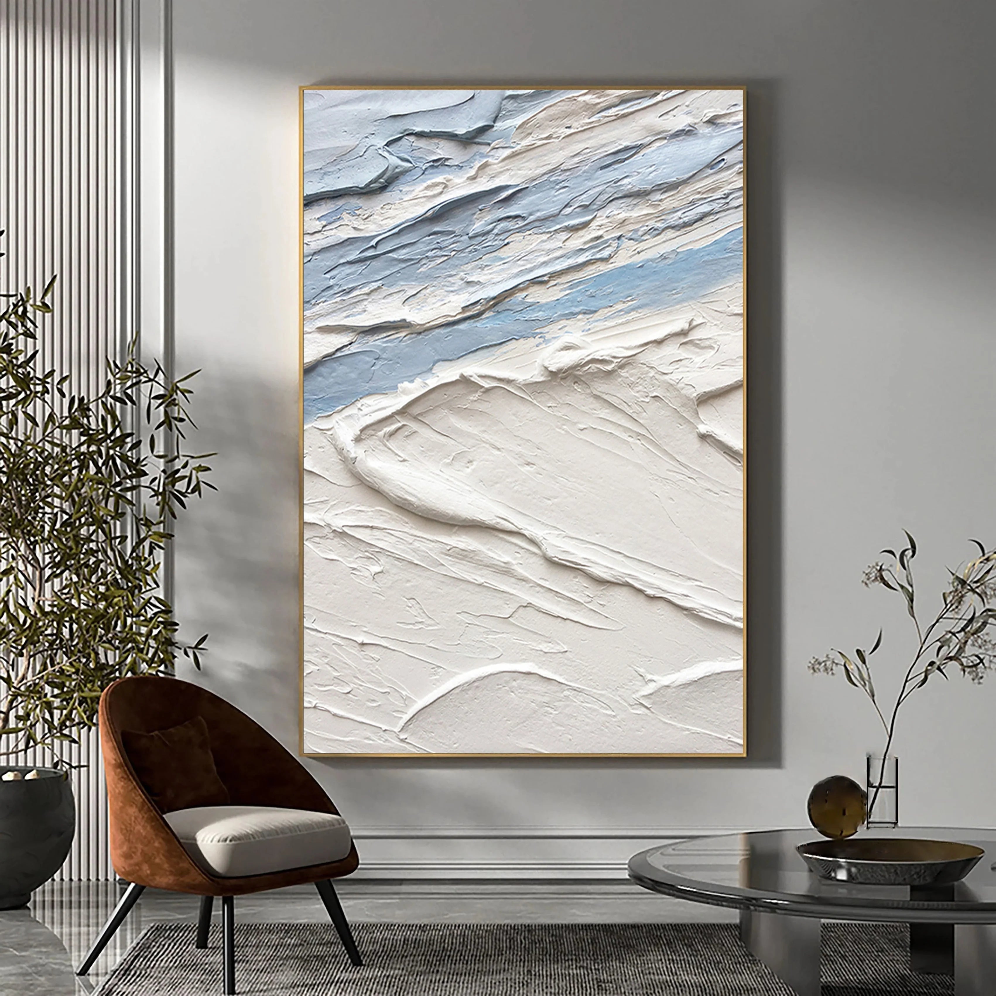 Blue White Textured Sea Slaps Plaster Art Minimalist Painting Wall Decor