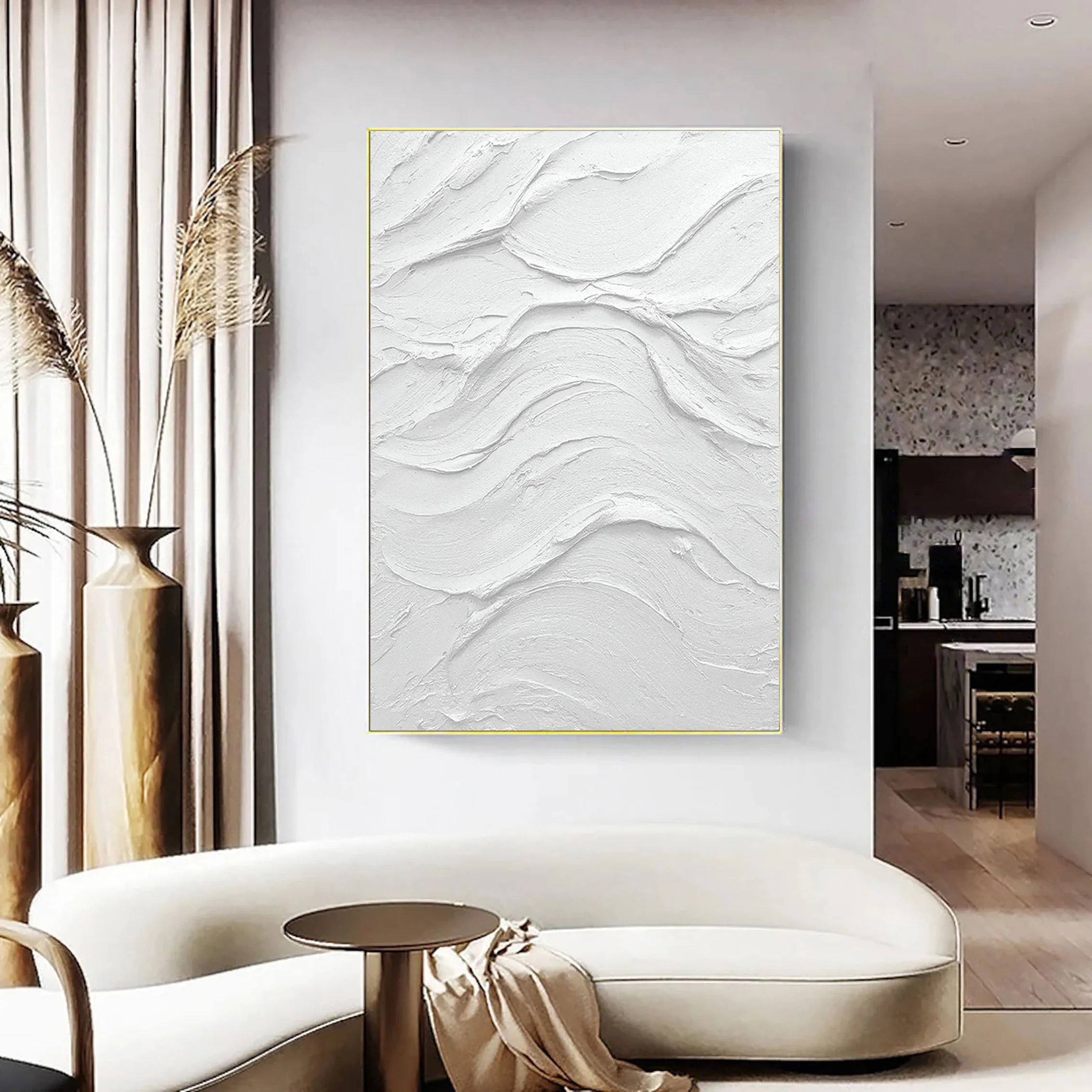 White Minimalist Plaster Painting Large 3D Textured Abstract Wall Art Framed Canvas